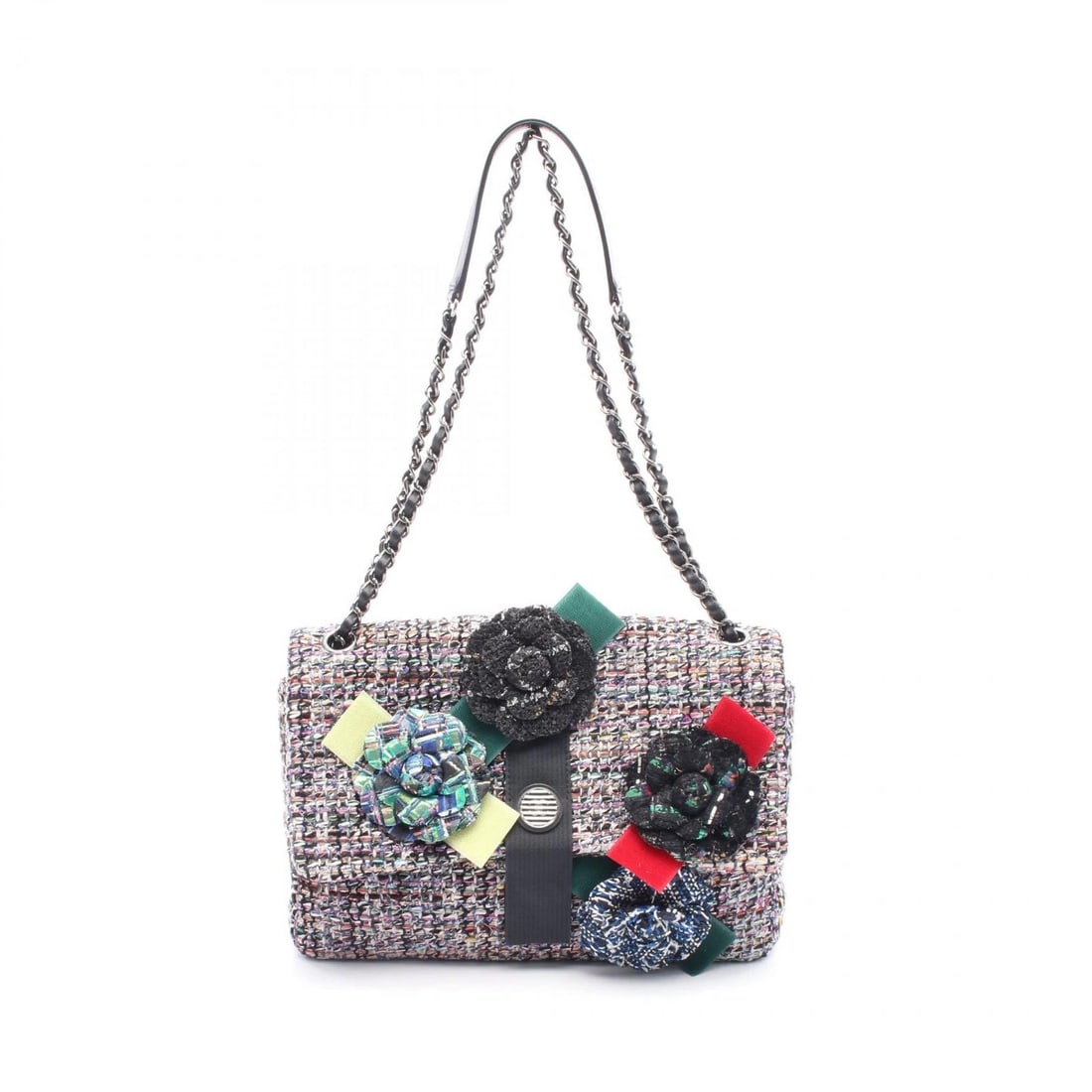 CHANEL CAMELIA CHAIN SHOULDER BAG: CHANEL Camelia Chain Shoulder Bag Brand: CHANEL Type: Shoulder Bag Material: Fabric × leather Color: Multicolor??ish colors Size: H:21cm x W:29cm x D:9cm (H:8.3" x W:11.4" x D:3.5") 