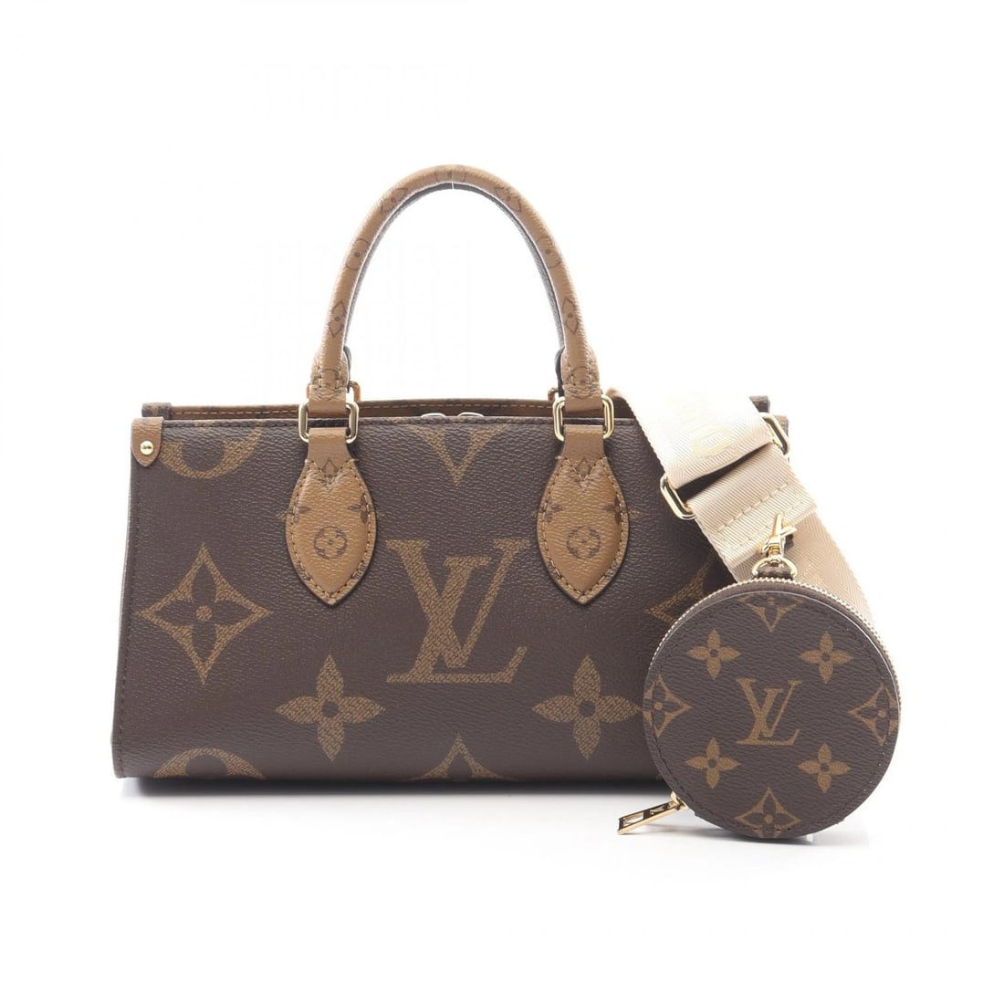 LOUIS VUITTON ON THE GO EW SHOULDER HANDBAG: LOUIS VUITTON On the Go EW Shoulder Handbag Brand: LOUIS VUITTON Type: Handbag Material: Monogram / Giant Reverse × PVC coated canvas Color: Brown??ish colors Size: H:14cm x W:27cm x D:10cm