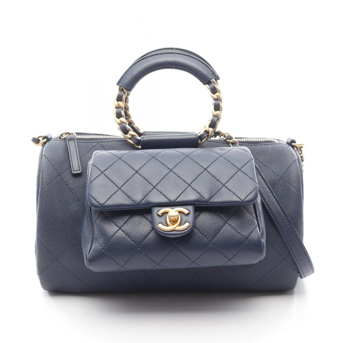 CHANEL MATELASSE CHAIN SHOULDER HANDBAG: CHANEL Matelasse Chain Shoulder Handbag Brand: CHANEL Type: Shoulder Bag Material: leather × Grained calfskin Color: Navy??ish colors Size: H:19cm x W:27cm x D:13cm (H:7.5" x W:10.6" x D:5.1") A
