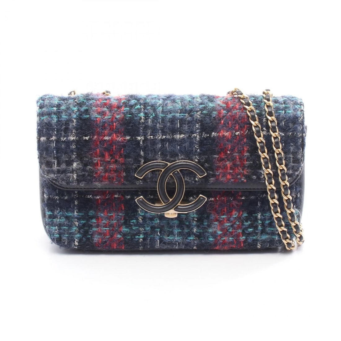 CHANEL COCO MARK W FLAP CHAIN SHOULDER BAG: CHANEL COCO Mark W Flap chain Shoulder Bag Brand: CHANEL Type: Shoulder Bag Material: Fabric × leather Color: Navy??ish colors × Multicolor??ish colors Size: H:13cm x W:22cm (H:5.1" x