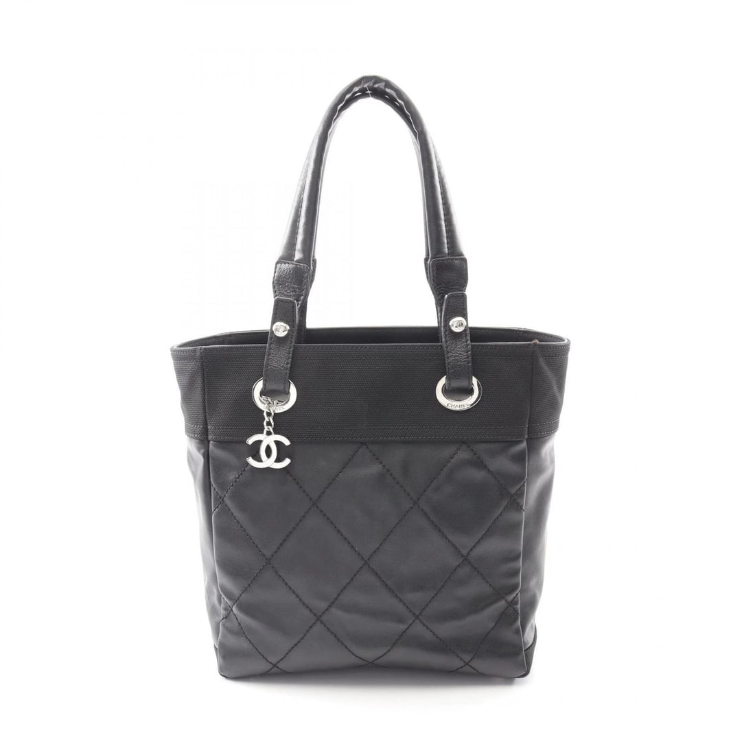 CHANEL PARIS BIARRITZ PM SHOULDER TOTE HANDBAG: CHANEL Paris Biarritz PM Shoulder Tote Handbag Brand: CHANEL Type: Tote Bag Material: PVC coated canvas × leather Color: Black??ish colors Size: H:27cm x W:25cm x D:11cm (H:10.6" x W:9.8" x D:4.3