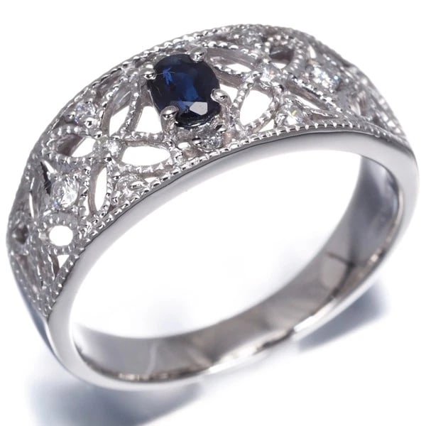 SAPPHIRE DIAMOND OPENWORK MILGRAIN RING - 2