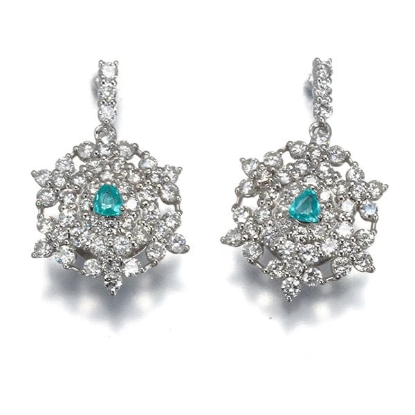 PARAIBA TOURMALINE DIAMOND SNOWFLAKE EARRINGS: Paraiba Tourmaline Diamond Snowflake Earrings Brand: Unbranded Type: Earrings Material: 950 / 900 / Platinum Main Stone/Creation Natural Color: Platinum Size: Design size: 19.8 x 12.0mm 
