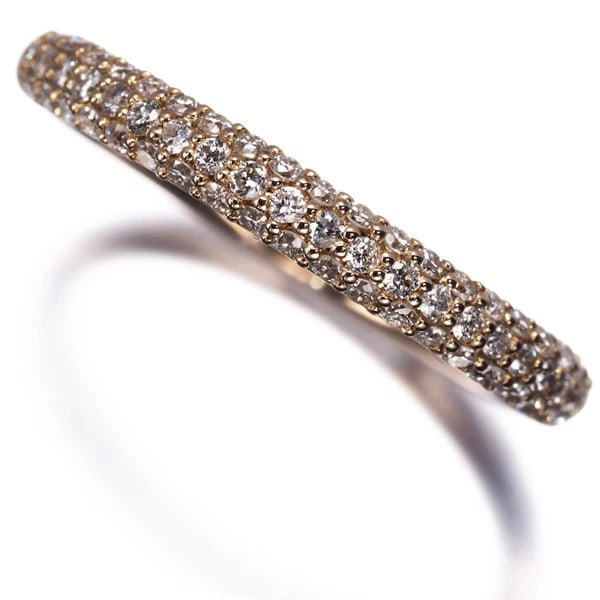 RING DIAMOND HALF ETERNITY PAVED: Ring Diamond Half Eternity Paved Brand: Unbranded Type: Ring Material: 18K / 750 / Rose Gold Main Stone/Creation Natural Color: Rose Gold Size: US 5.25 - 5.5 Accessories: None Accessories