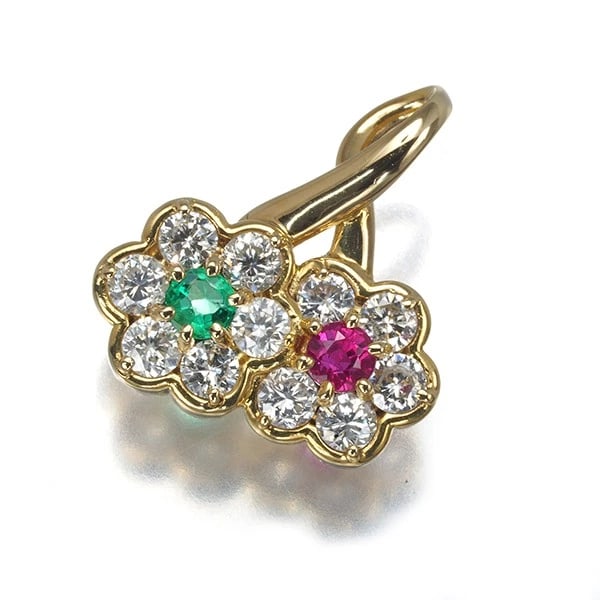 AMBROSE PENDANT DIAMOND RUBY EMERALD: Ambrose Pendant Diamond Ruby Emerald Brand: Ambrose Type: Pendant Material: 18K / 750 / Yellow Gold Main Stone/Creation Natural Color: Yellow Gold Size: Design size: 15.7 x 14.4mm Bail inner