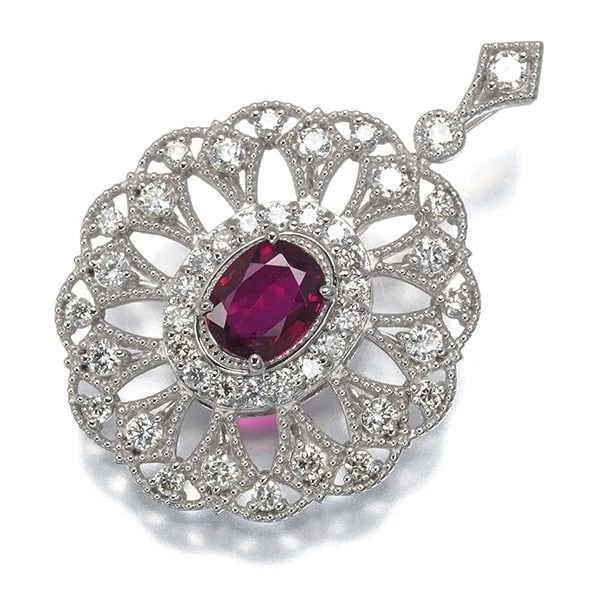 RUBY DIAMOND MILGRAIN PENDANT: Ruby Diamond Milgrain Pendant Brand: Unbranded Type: Pendant Material: 900 / Platinum Main Stone/Creation Natural Color: Platinum Size: Design size: 27.4 x 18.2mm Bail inner diameter: 4.2 x