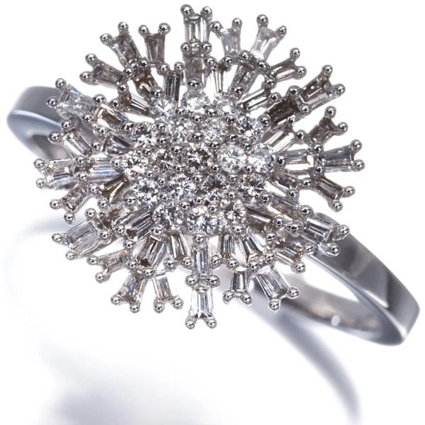 GSTV RING DIAMOND SNOWFLAKE: GSTV Ring Diamond Snowflake Brand: GSTV Type: Ring Material: 18K / 750 / White Gold Main Stone/Creation Natural Color: White Gold Size: US 9 Accessories: None Accessories Notice: When purc