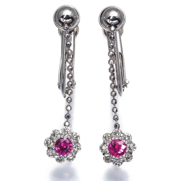 RUBY DIAMOND FLOWER DROP EARRINGS 900 PLATINUM - 2