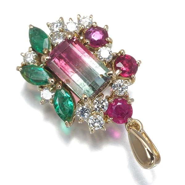 BICOLORTOURMALINE EMERALD RUBY DIAMOND PENDAN - 2