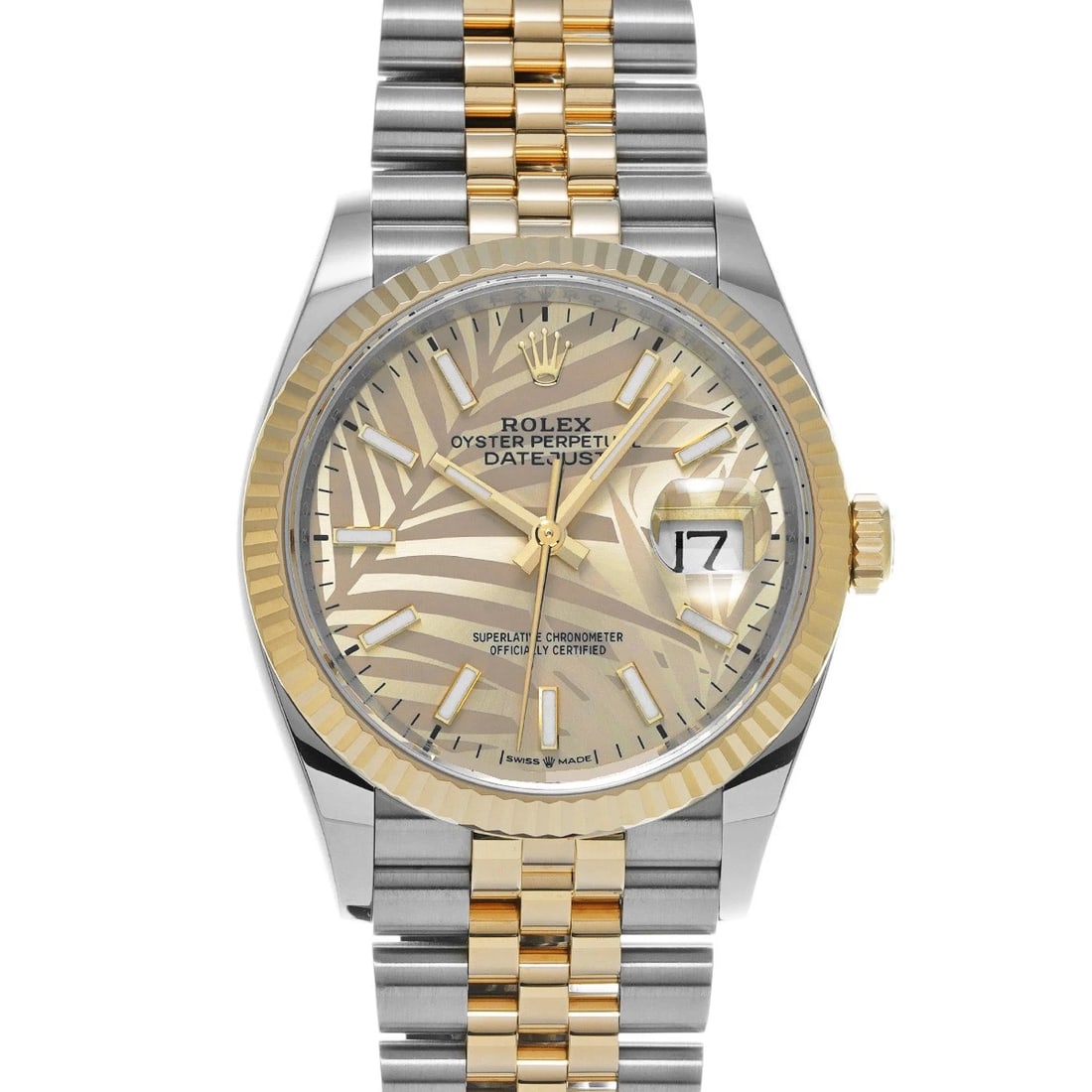 ROLEX DATEJUST GOLDEN PALM MOTIF WATCH: ROLEX Datejust golden palm motif Watch Brand: ROLEX Type: Wristwatch Material: Band Material Stainless steel/Yellow Gold, Case Material Stainless steel Color: Dial Color golden palm motif 