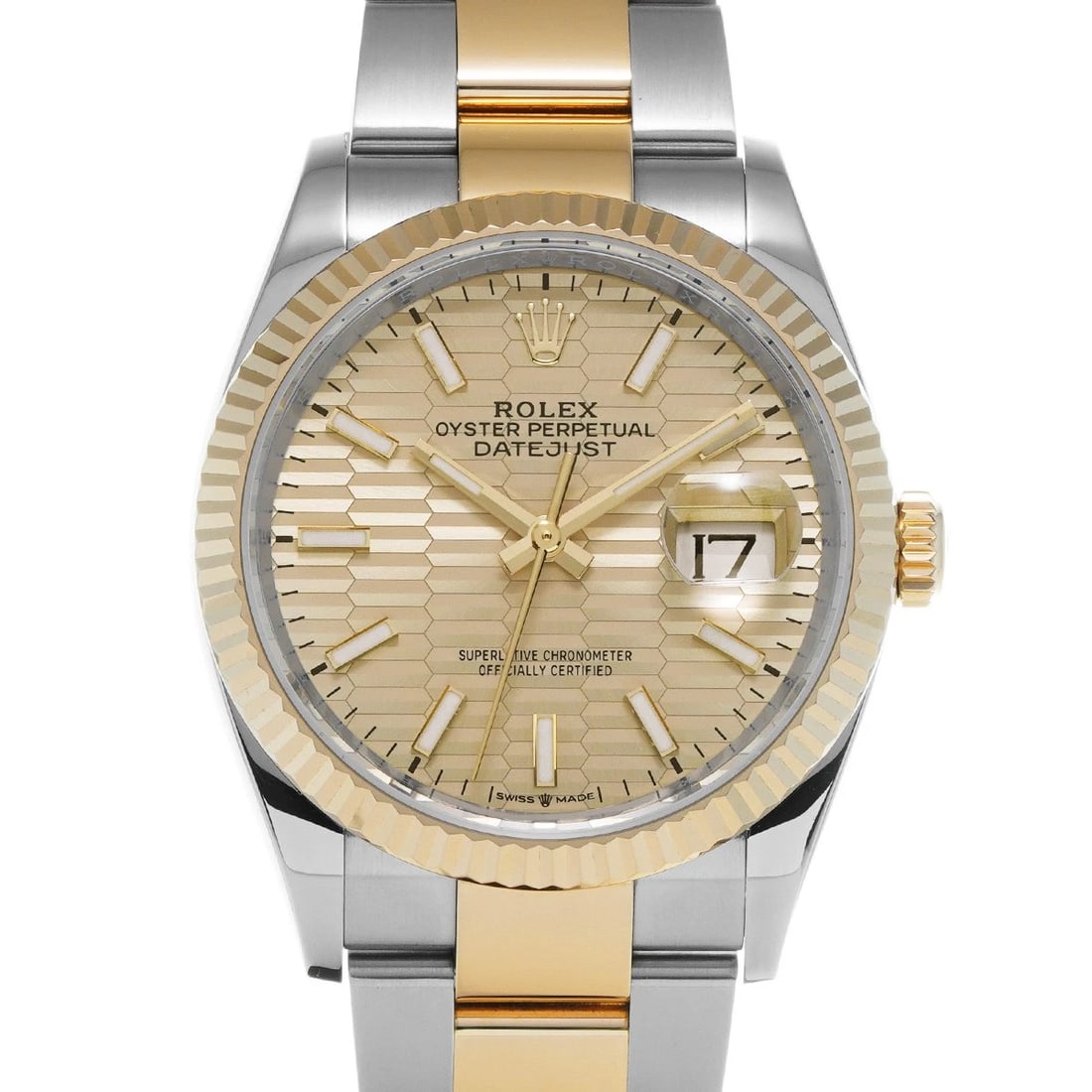 ROLEX DATEJUST GOLDEN FLUTED MOTIF WATCH: ROLEX Datejust Golden Fluted Motif Watch Brand: ROLEX Type: Wristwatch Material: Band Material Stainless steel/Yellow Gold, Case Material Stainless steel Color: Dial Color Golden Fluted Motif Size