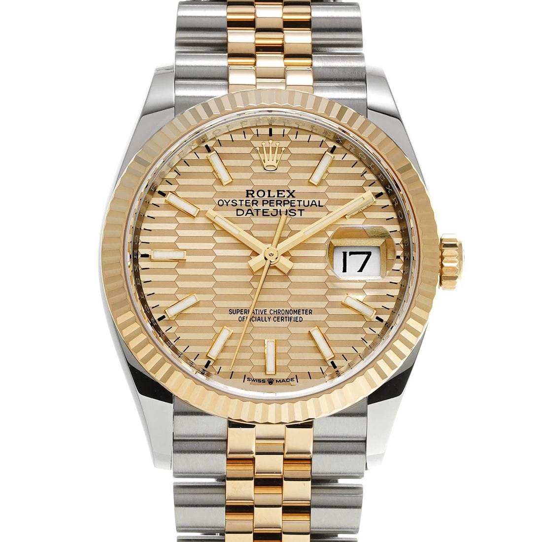 ROLEX DATEJUST GOLDEN FLUTED MOTIF WATCH: ROLEX Datejust Golden Fluted Motif Watch Brand: ROLEX Type: Wristwatch Material: Band Material Stainless steel/Yellow Gold, Case Material Stainless steel Color: Dial Color Golden Fluted Motif Size