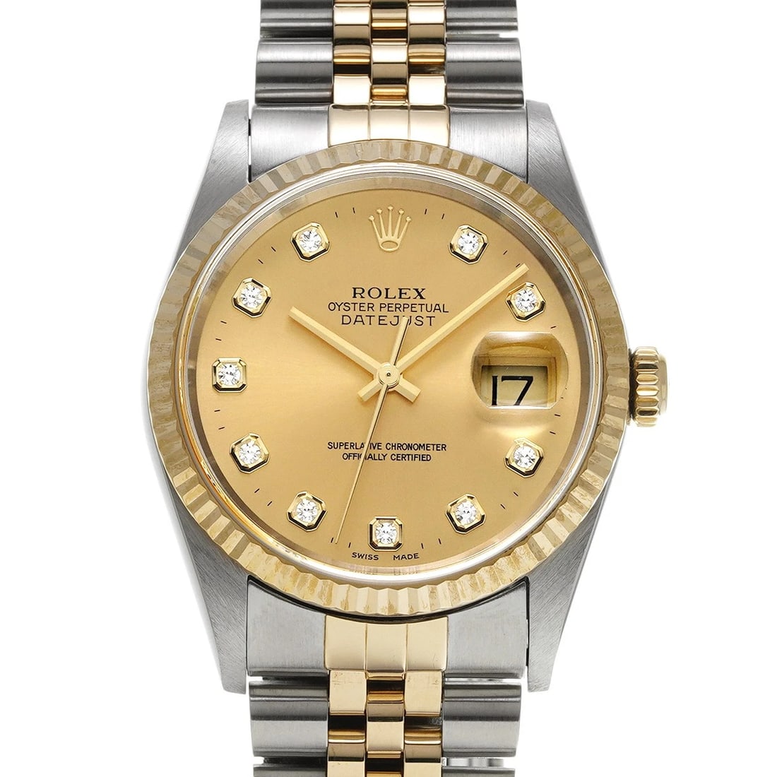 ROLEX DATEJUST CHAMPAGNE DIAMOND WATCH: ROLEX Datejust Champagne diamond Watch Brand: ROLEX Type: Wristwatch Material: Band Material Stainless steel/Yellow Gold, Case Material Stainless steel Color: Dial Color Champagne/diamond Size: ??