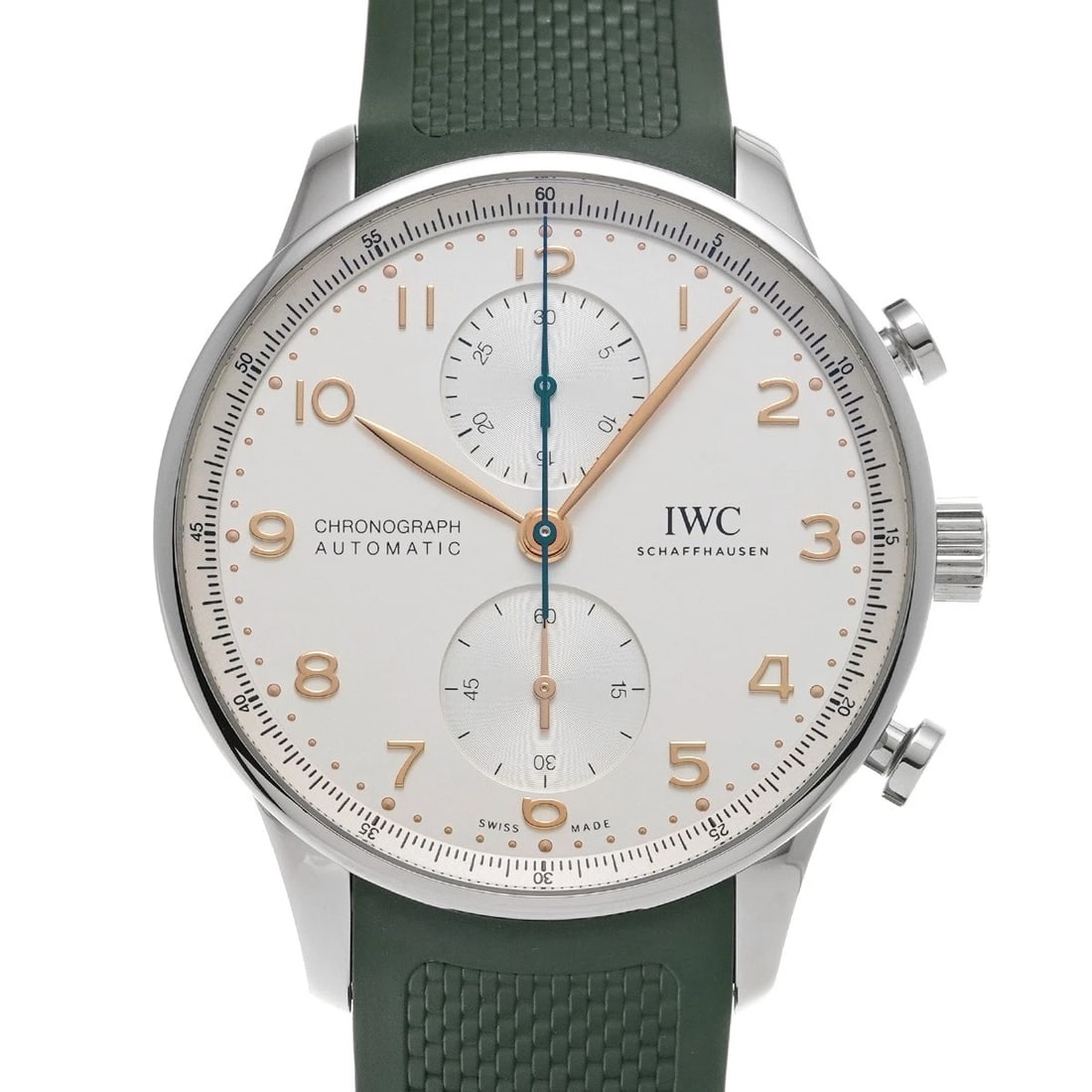 IWC PORTUGIESER CHRONOGRAPH SILVER WATCH: IWC Portugieser Chronograph Silver Watch Brand: IWC Type: Wristwatch Material: Band Material rubber, Case Material Stainless steel Color: Dial Color Dial Color Silver Band Color green Size: