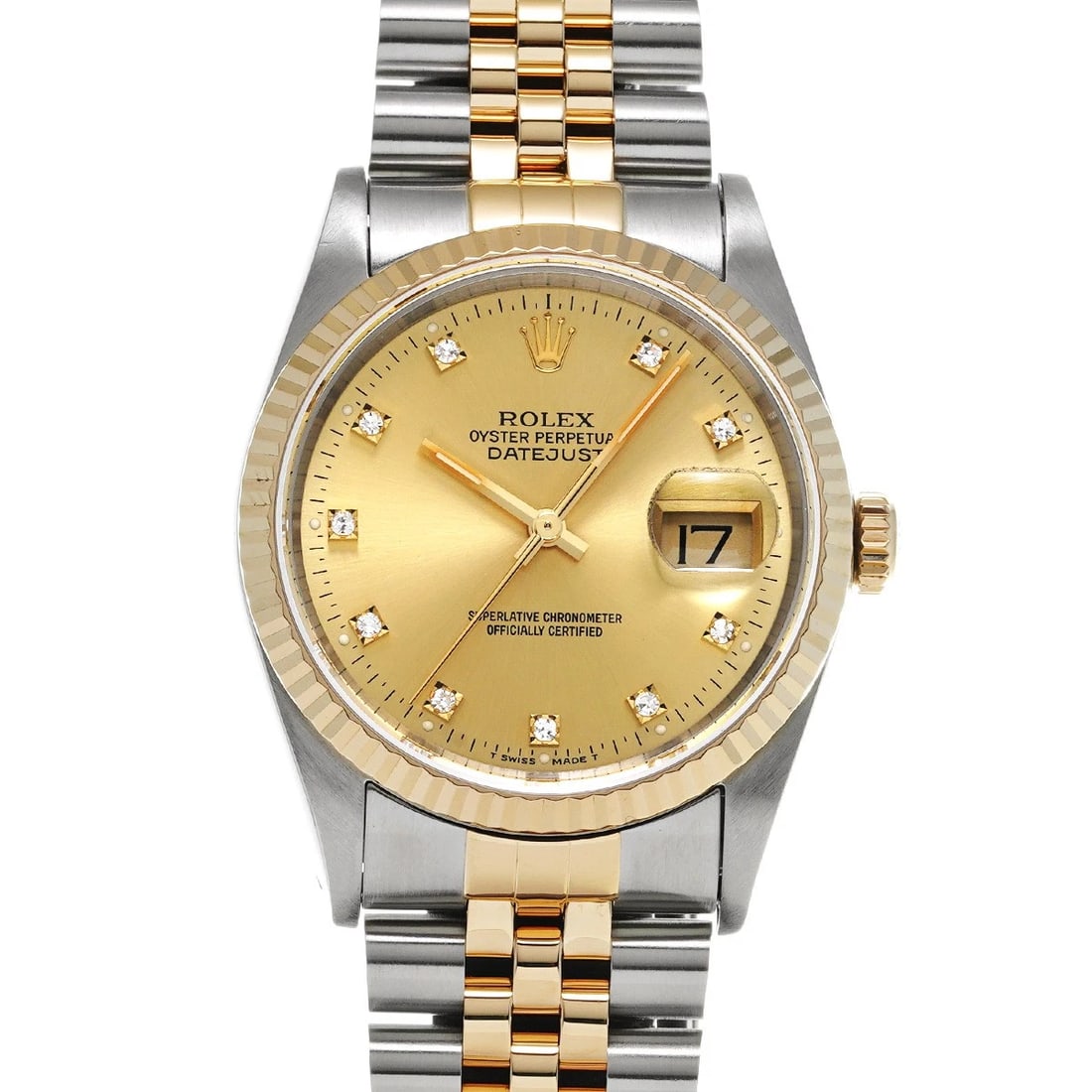 ROLEX DATEJUST CHAMPAGNE DIAMOND WATCH: ROLEX Datejust Champagne diamond Watch Brand: ROLEX Type: Wristwatch Material: Band Material Stainless steel/Yellow Gold, Case Material Stainless steel Color: Dial Color Champagne/diamond 