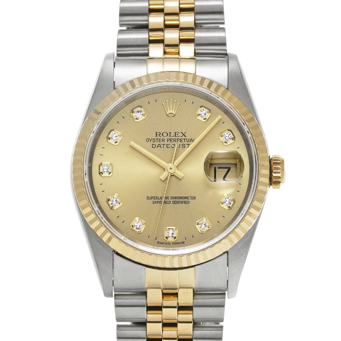 ROLEX DATEJUST CHAMPAGNE DIAMOND WATCH: ROLEX Datejust Champagne diamond Watch Brand: ROLEX Type: Wristwatch Material: Band Material Stainless steel/Yellow Gold, Case Material Stainless steel Color: Dial Color Champagne/diamond Size: ??