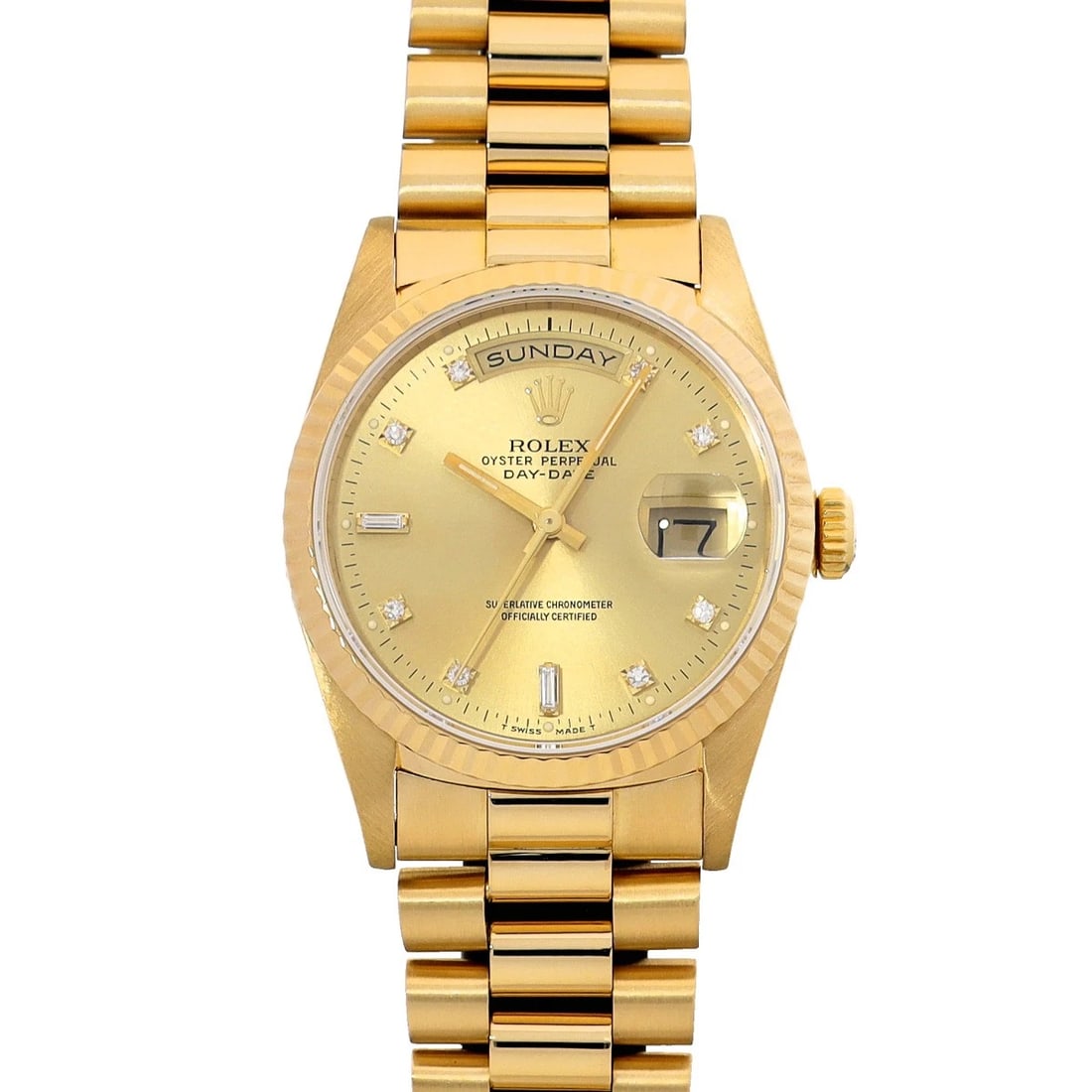 ROLEX CHAMPAGNE DIAMOND WATCH: ROLEX Champagne diamond Watch Brand: ROLEX Type: Wristwatch Material: Band Material Yellow Gold, Case Material Yellow Gold Color: Dial Color Champagne/diamond Size: ??Case? H/about 36mm
