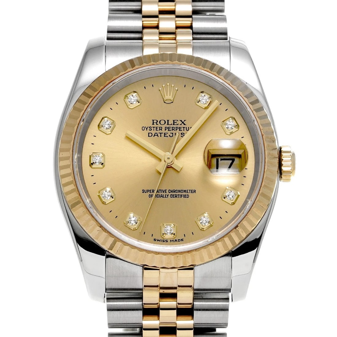 ROLEX DATEJUST CHAMPAGNE DIAMOND WATCH: ROLEX Datejust Champagne diamond Watch Brand: ROLEX Type: Wristwatch Material: Band Material Stainless steel/Yellow Gold, Case Material Stainless steel Color: Dial Color Champagne/diamond Size: ??