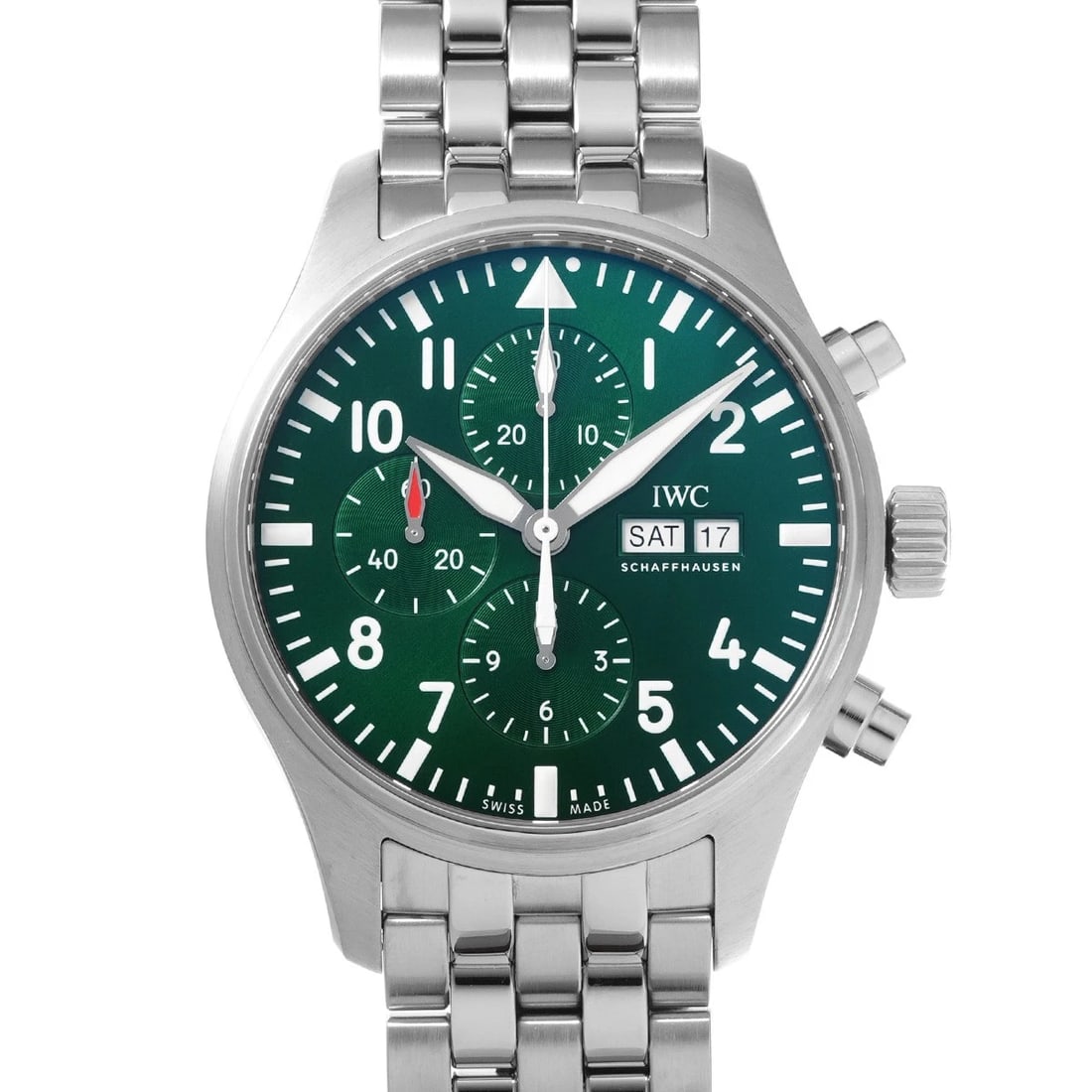 IWC PILOT'S CHRONOGRAPH GREEN WATCH: IWC Pilot's Chronograph Green Watch Brand: IWC Type: Wristwatch Material: Band Material Stainless steel, Case Material Stainless steel Color: Dial Color green Size: ??Case? H/about 43mm