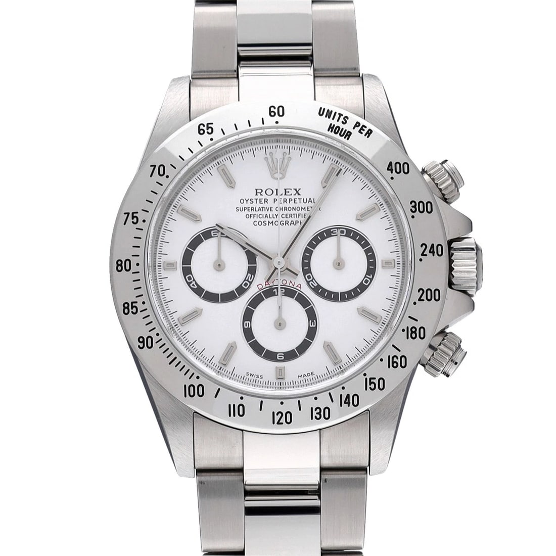 ROLEX COSMOGRAPH DAYTONA WHITE WATCH: ROLEX Cosmograph Daytona white Watch Brand: ROLEX Type: Wristwatch Material: Band Material Stainless steel, Case Material Stainless steel Color: Dial Color white Size: ??Case? H/about 40mm