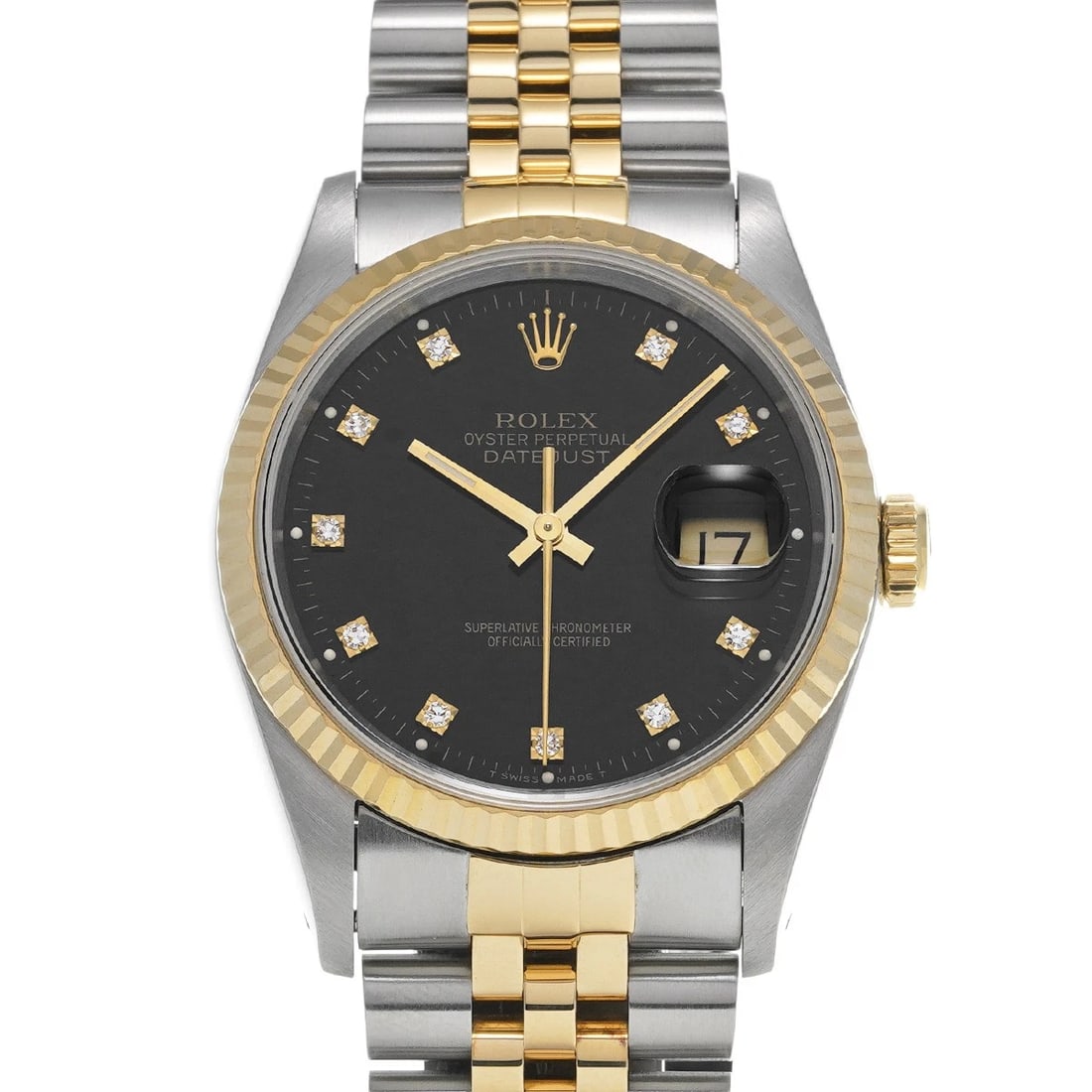 ROLEX DATEJUST BLACK DIAMOND WATCH: ROLEX Datejust black diamond Watch Brand: ROLEX Type: Wristwatch Material: Band Material Stainless steel/Yellow Gold, Case Material Stainless steel Color: Dial Color black/diamond Size: ??Case? H/