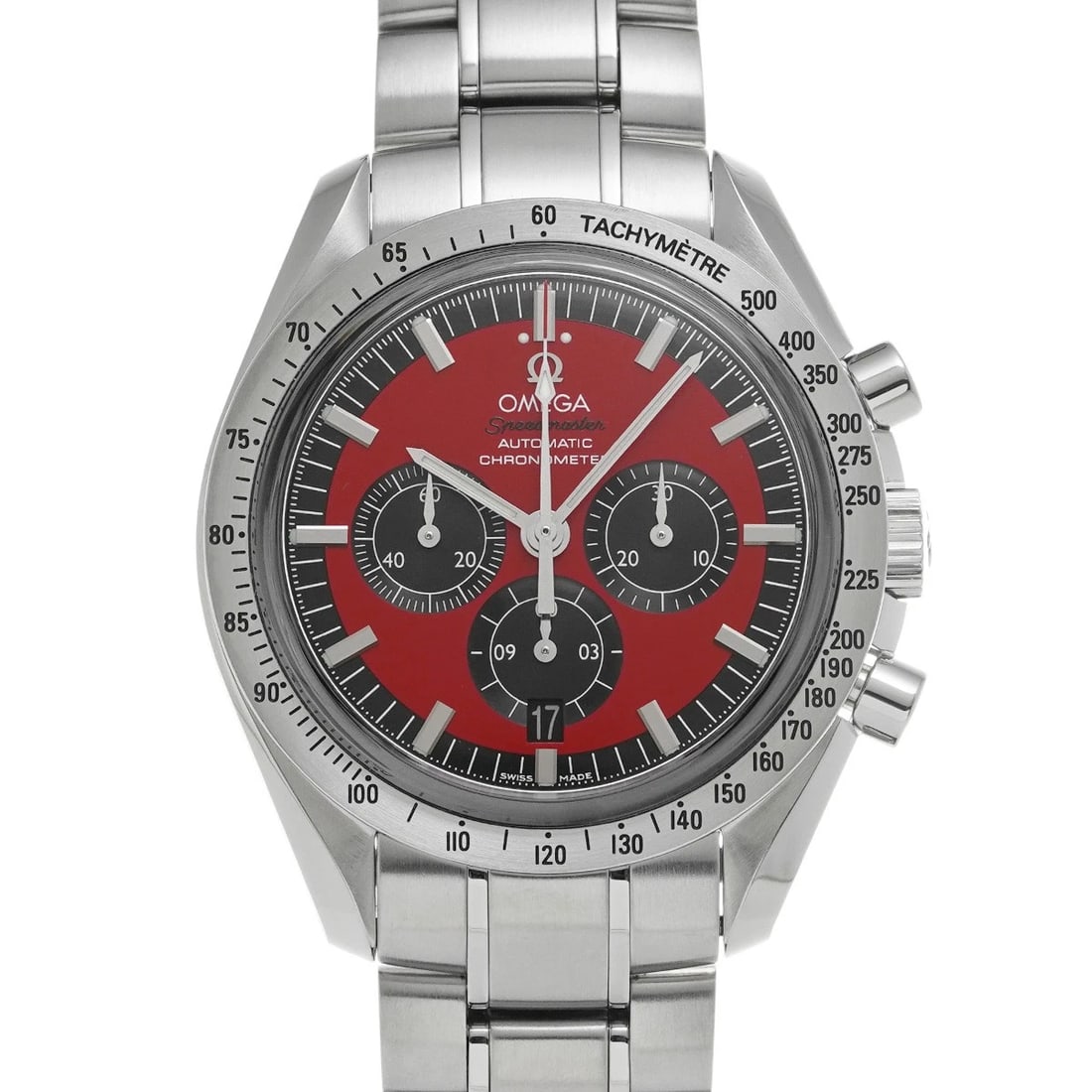 OMEGA SPEEDMASTER RED BLACK WATCH: OMEGA Speedmaster Red black Watch Brand: OMEGA Type: Wristwatch Material: Band Material Stainless steel, Case Material Stainless steel Color: Dial Color Red/black Size: ??Case? H/about 42mm W/abou