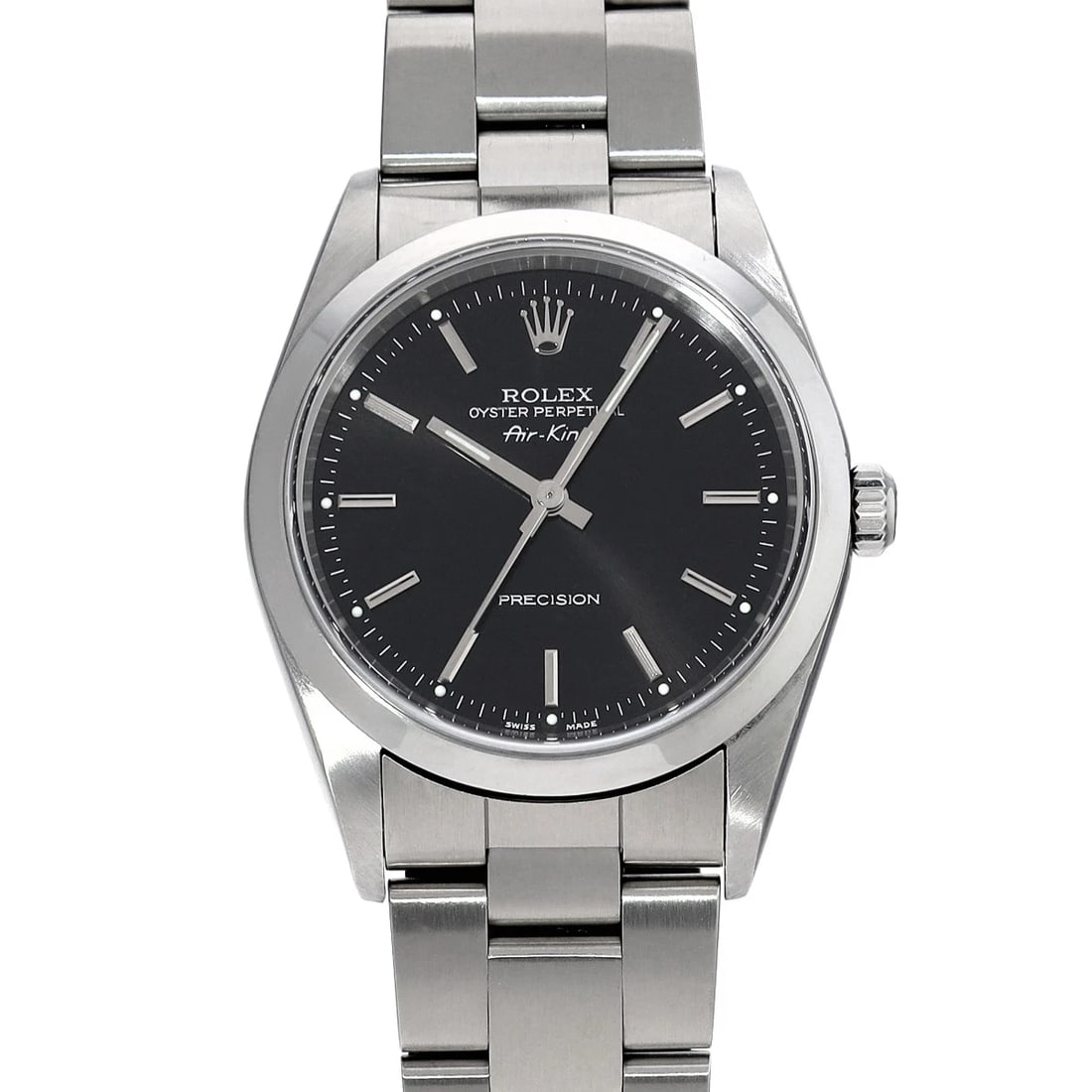 ROLEX AIR KING BLACK WATCH: ROLEX Air King black Watch Brand: ROLEX Type: Wristwatch Material: Band Material Stainless steel, Case Material Stainless steel Color: Dial Color black Size: ??Case? H/about 34mm W/about 34mm
