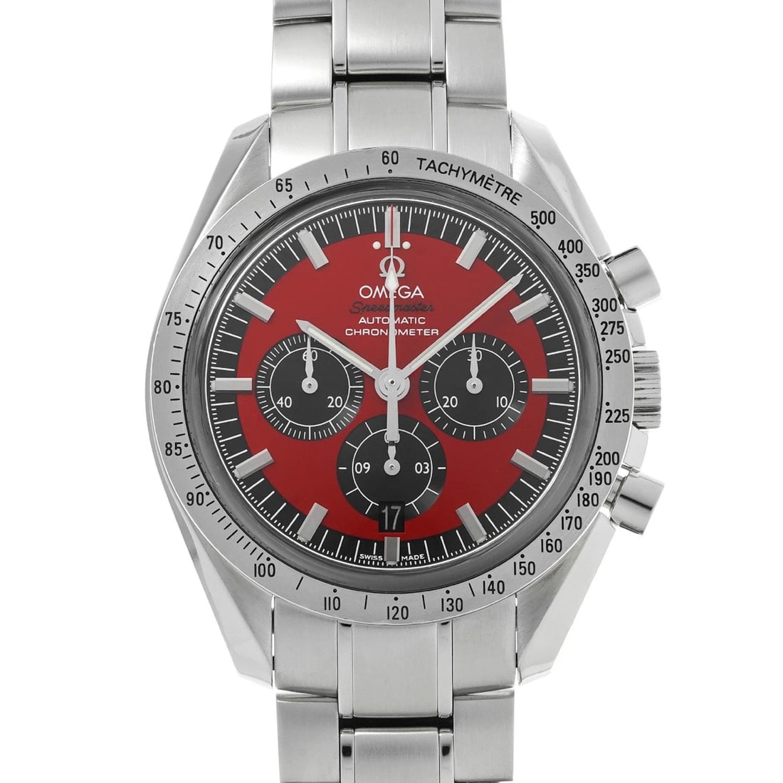 OMEGA SPEEDMASTER RED BLACK WATCH: OMEGA Speedmaster Red black Watch Brand: OMEGA Type: Wristwatch Material: Band Material Stainless steel, Case Material Stainless steel Color: Dial Color Red/black Size: ??Case? H/about 42mm
