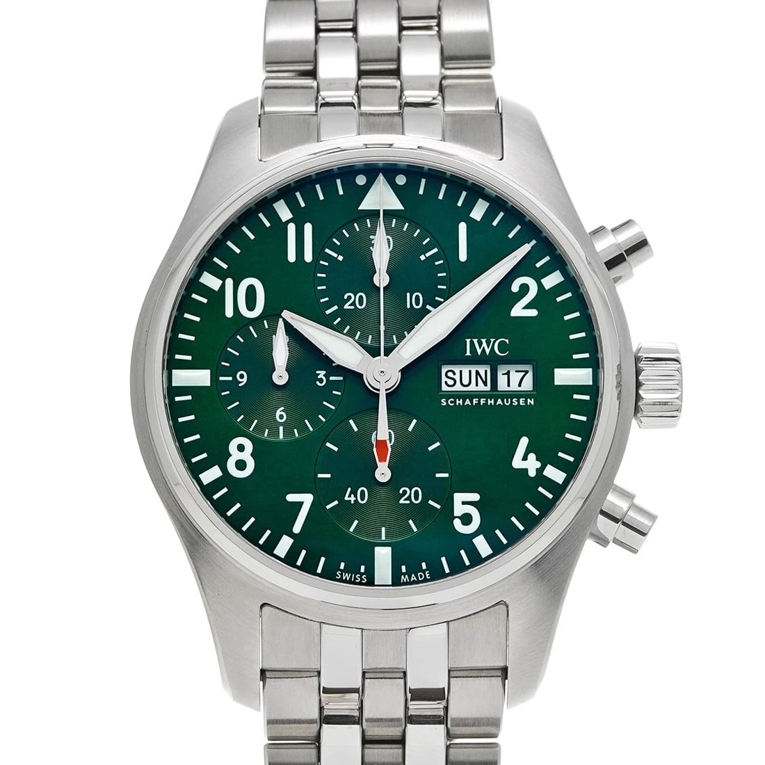 IWC PILOT WATCHCHRONOGRAPH GREEN WATCH: IWC Pilot WatchChronograph green Watch Brand: IWC Type: Wristwatch Material: Band Material Stainless steel, Case Material Stainless steel Color: Dial Color green Size: ??Case? H/about 41mm
