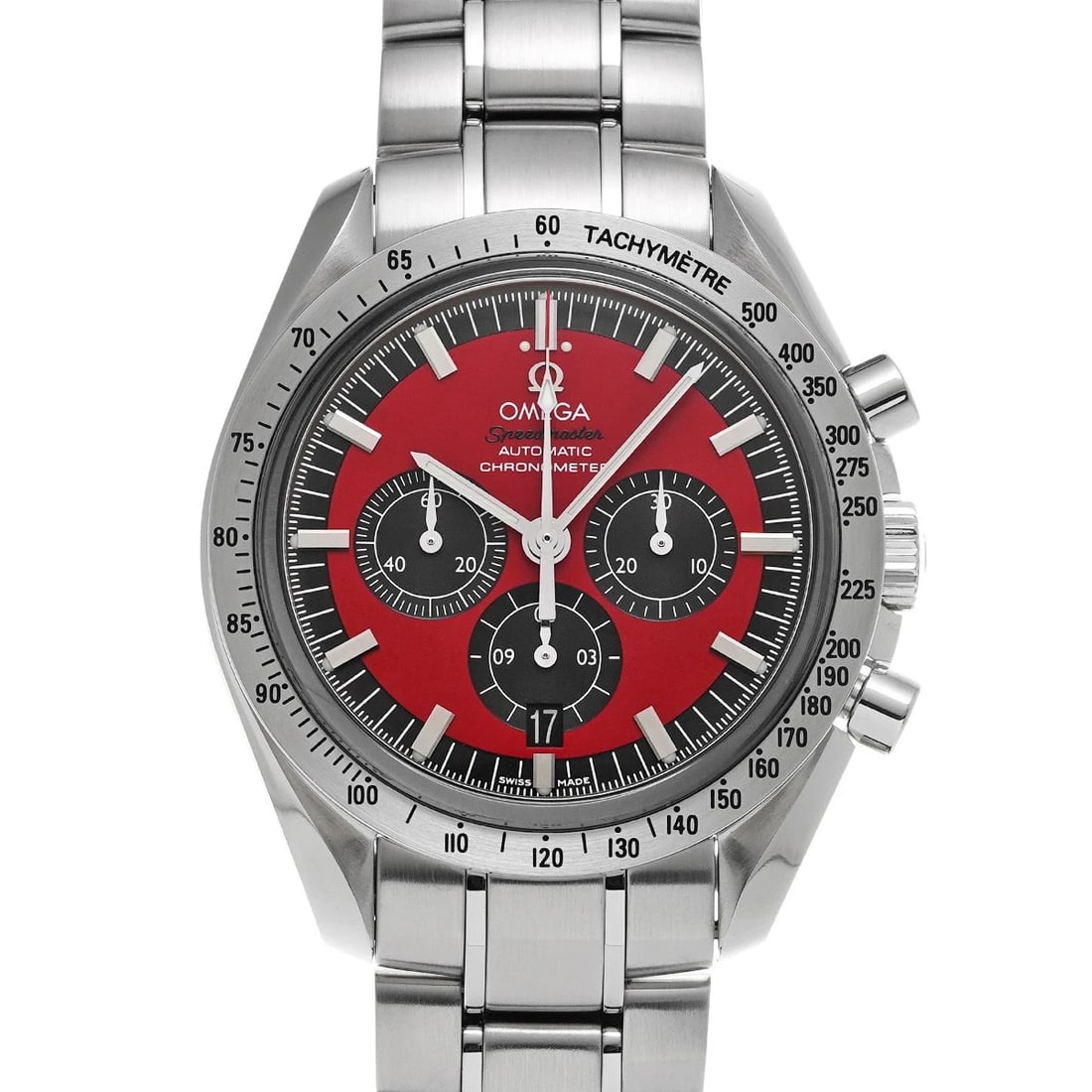 OMEGA SPEEDMASTER RED BLACK WATCH: OMEGA Speedmaster Red black Watch Brand: OMEGA Type: Wristwatch Material: Band Material Stainless steel, Case Material Stainless steel Color: Dial Color Red/black Size: ??Case? H/about 42mm
