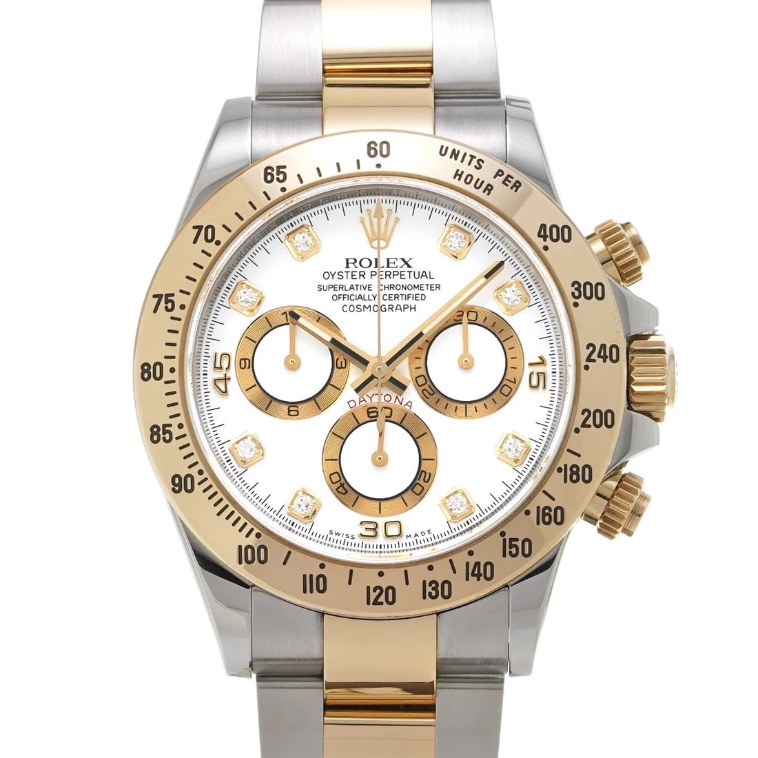 ROLEX COSMOGRAPH DAYTONA WHITE DIAMOND WATCH: ROLEX Cosmograph Daytona white diamond Watch Brand: ROLEX Type: Wristwatch Material: Band Material Stainless steel/Yellow Gold, Case Material Stainless steel Color: Dial Color white/diamond 