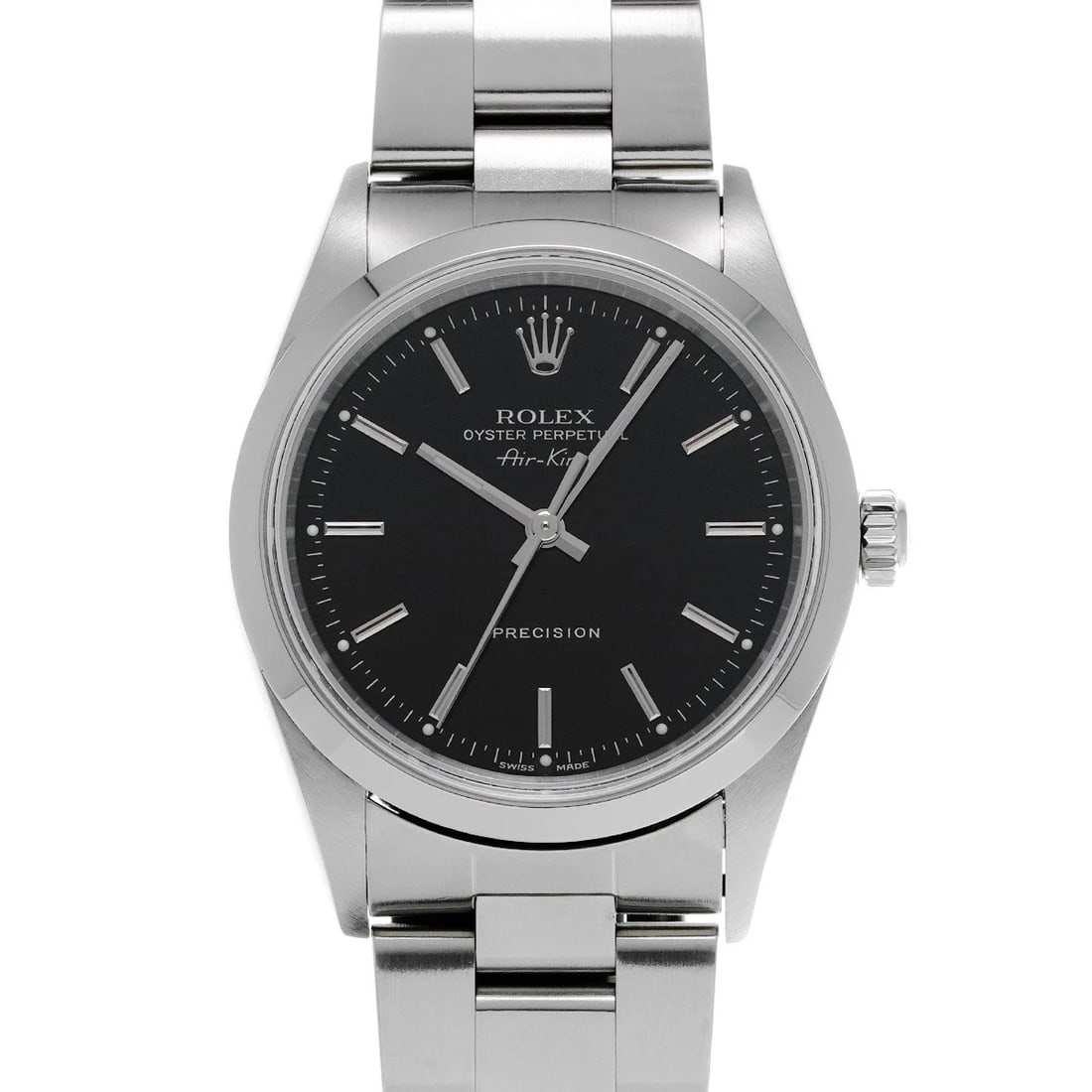 ROLEX AIR KING BLACK WATCH: ROLEX Air King black Watch Brand: ROLEX Type: Wristwatch Material: Band Material Stainless steel, Case Material Stainless steel Color: Dial Color black Size: ??Case? H/about 34mm W/about 34mm
