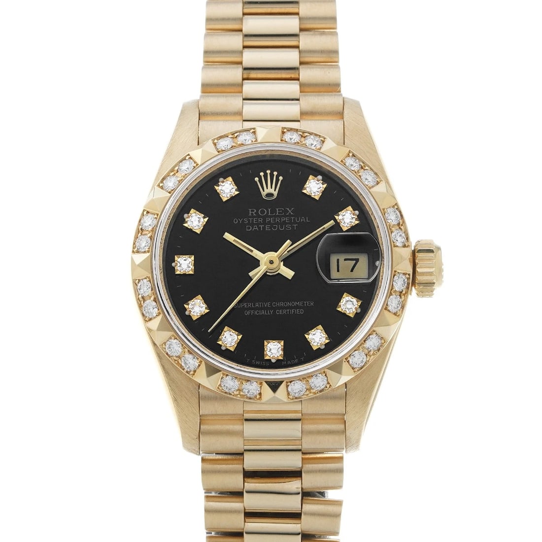 ROLEX DATEJUST BLACK DIAMOND WATCH: ROLEX Datejust black diamond Watch Brand: ROLEX Type: Wristwatch Material: Band Material Yellow Gold, Case Material Yellow Gold Color: Dial Color black/diamond Size: ??Case? H/about 26mm
