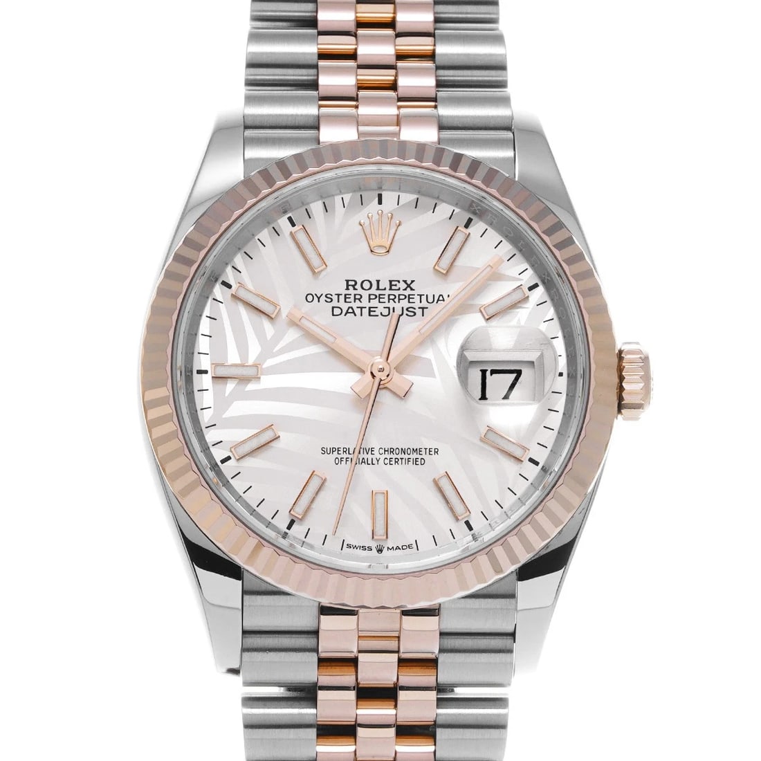 ROLEX DATEJUST SILVER PALM MOTIF WATCH: ROLEX Datejust Silver palm motif Watch Brand: ROLEX Type: Wristwatch Material: Band Material Stainless steel/Everrose gold, Case Material Stainless steel Color: Dial Color Silver palm motif 