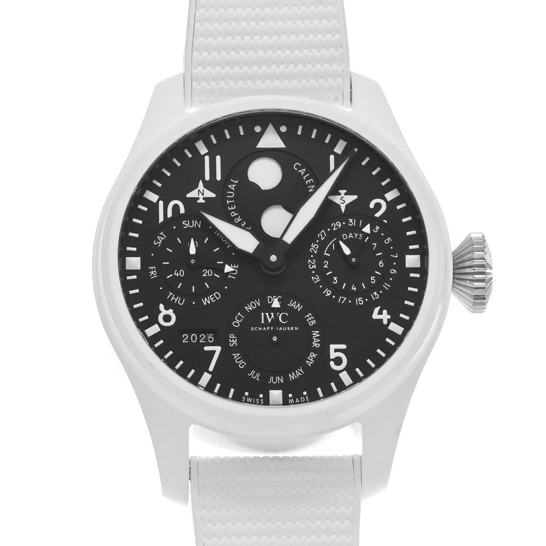 IWC BIG PILOT'S WATCHPERPETUAL BLACK: IWC Big Pilot's WatchPerpetual black Brand: IWC Type: Wristwatch Material: Band Material rubber, Case Material ceramic Color: Dial Color Dial Color black Band Color white Size: ??Case? H/about
