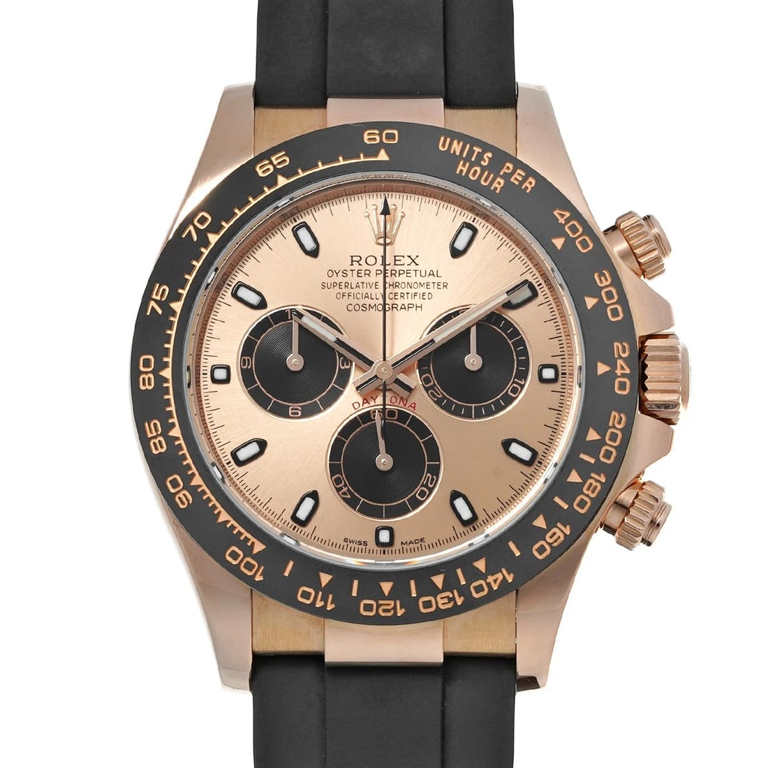 ROLEX COSMOGRAPH DAYTONA PINK BLACK WATCH: ROLEX Cosmograph Daytona pink black Watch Brand: ROLEX Type: Wristwatch Material: Band Material rubber, Case Material Everrose gold Color: Dial Color pink/black Size: ??Case? H/about 40mm