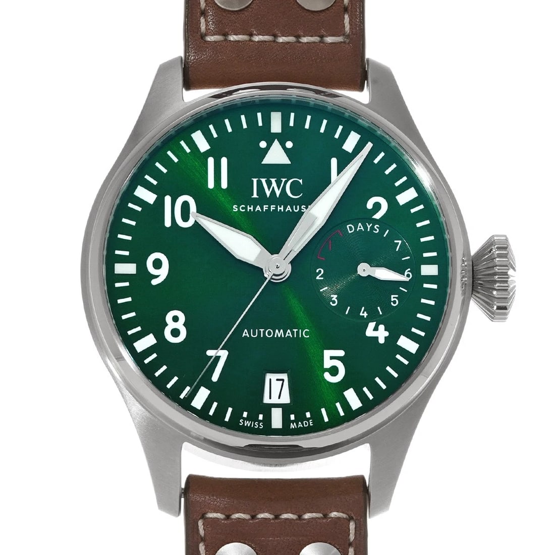 IWC BIG PILOT WATCHDARK GREEN: IWC Big Pilot WatchDark green Brand: IWC Type: Wristwatch Material: Band Material leather, Case Material Stainless steel Color: Dial Color Dial Color Dark green Band Color Brown Size: ??Case?