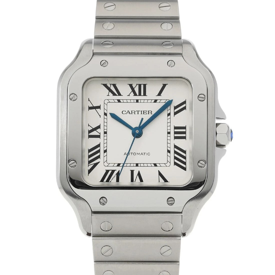 CARTIER SANTOS SILVER WATCH: CARTIER Santos Silver Watch Brand: CARTIER Type: Wristwatch Material: Band Material Stainless steel, Case Material Stainless steel Color: Dial Color Silver Size: ??Case? H/about 42mm W/about