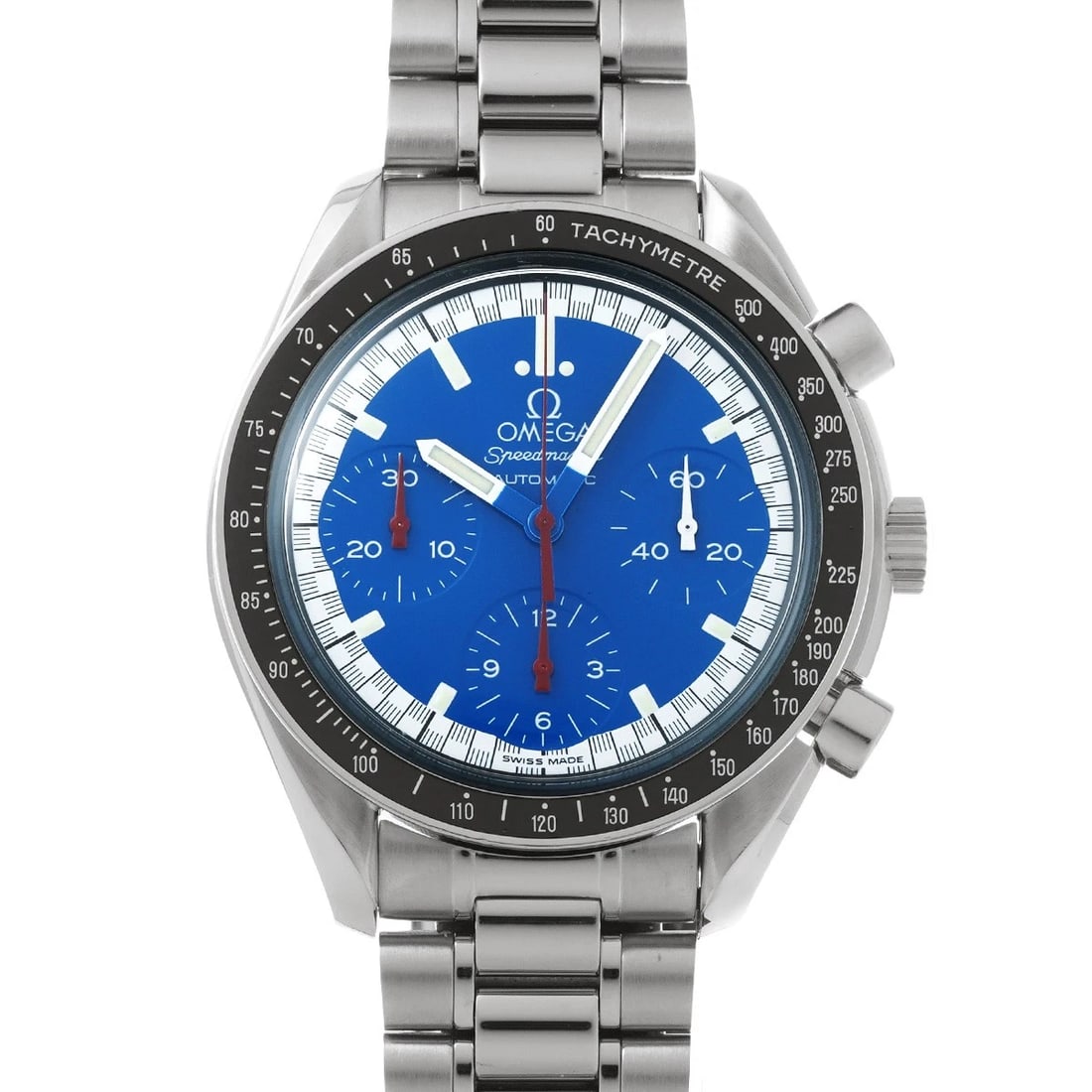 OMEGA SPEEDMASTER BLUE WATCH: OMEGA Speedmaster blue Watch Brand: OMEGA Type: Wristwatch Material: Band Material Stainless steel, Case Material Stainless steel Color: Dial Color blue Size: ??Case? H/about 39mm W/about 39mm