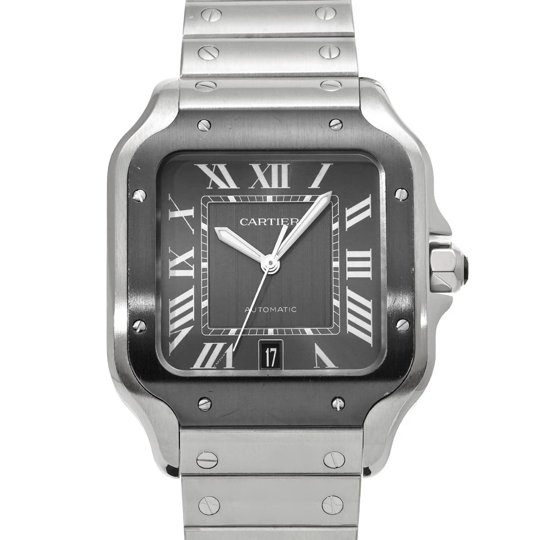 CARTIER SANTOS GRAY WATCH: CARTIER Santos gray Watch Brand: CARTIER Type: Wristwatch Material: Band Material Stainless steel, Case Material Stainless steel Color: Dial Color gray Size: ??Case? H/about 39.8mm W/about