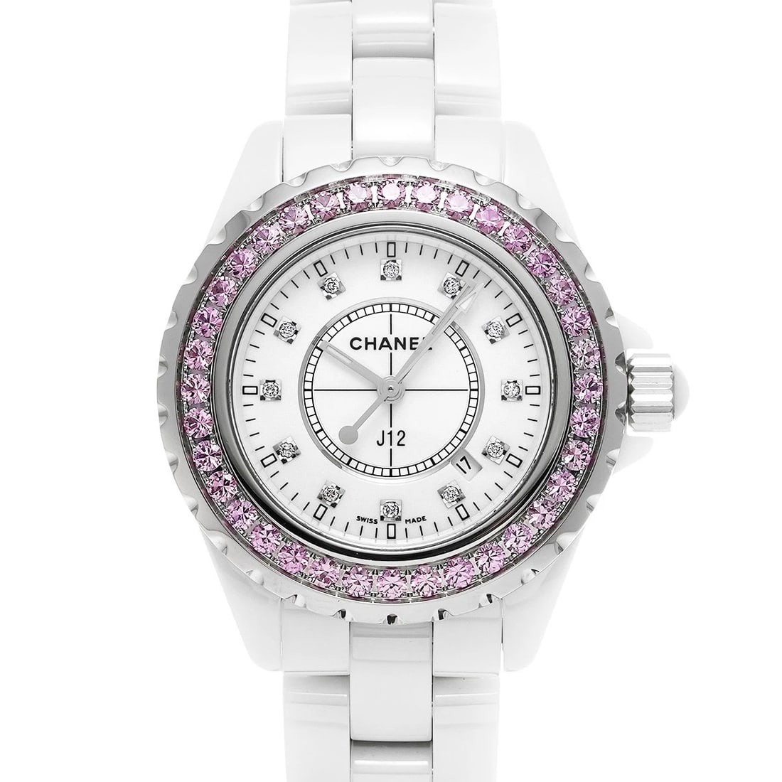 CHANEL J12 WHITE DIAMOND WATCH: CHANEL J12 white diamond Watch Brand: CHANEL Type: Wristwatch Material: Band Material ceramic, Case Material ceramic Color: Dial Color Dial Color white Band Color white Size: ??Case? H/about