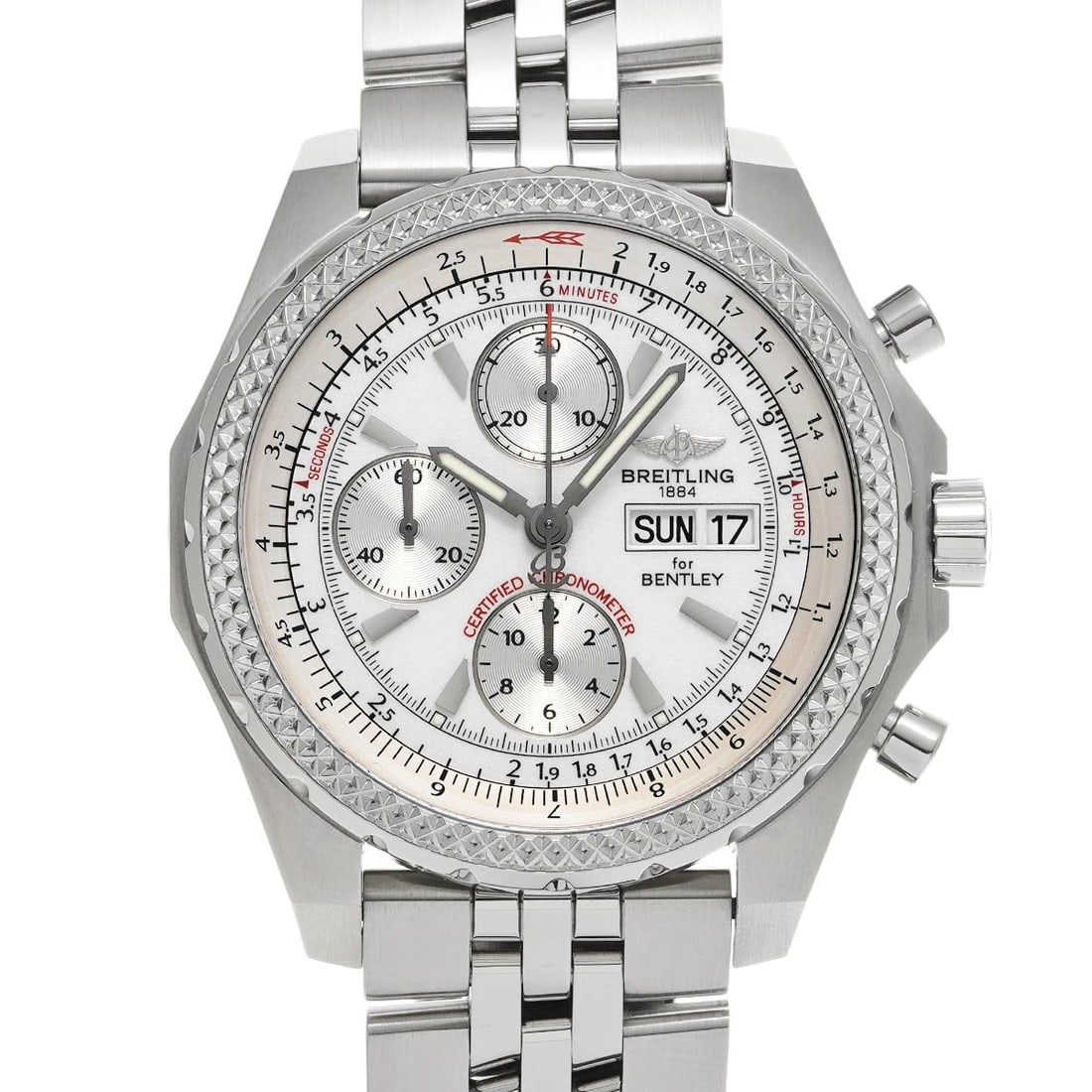 BREITLING BENTLEY WHITE SILVER WATCH: BREITLING Bentley white Silver Watch Brand: BREITLING Type: Wristwatch Material: Band Material Stainless steel, Case Material Stainless steel Color: Dial Color white/Silver Size: ??Case?