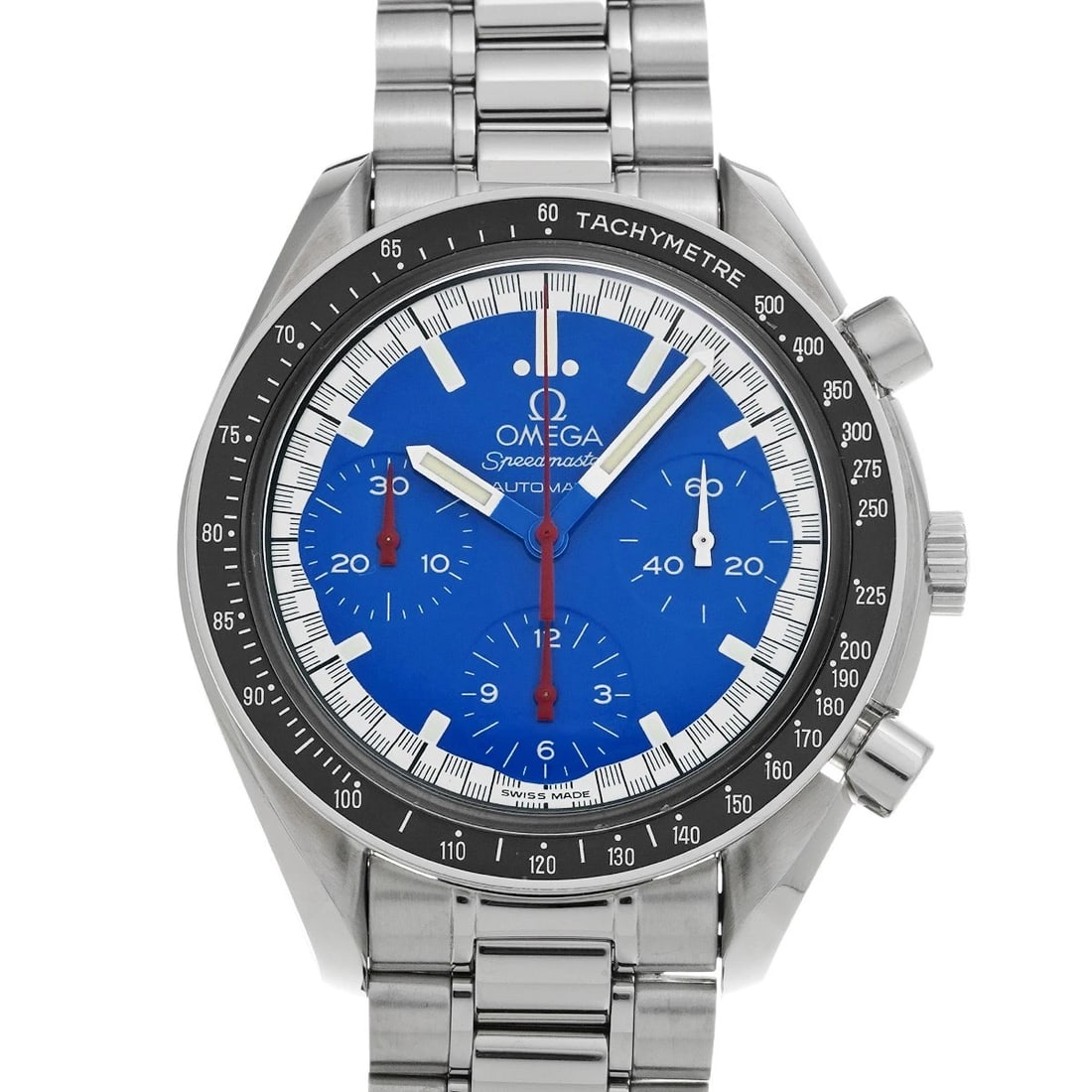 OMEGA SPEEDMASTER BLUE WATCH: OMEGA Speedmaster blue Watch Brand: OMEGA Type: Wristwatch Material: Band Material Stainless steel, Case Material Stainless steel Color: Dial Color blue Size: ??Case? H/about 39mm W/about 39mm D/a