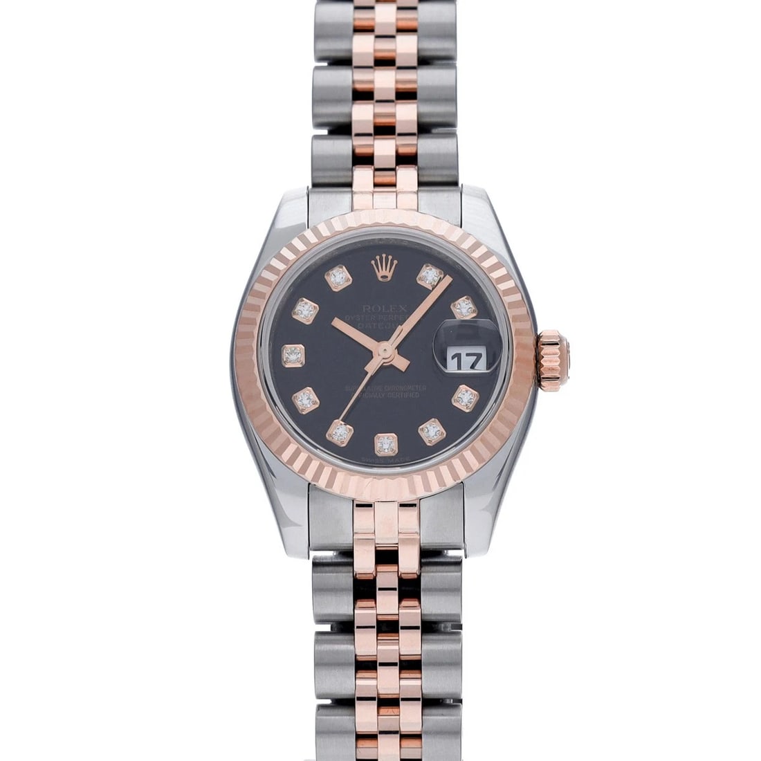 ROLEX DATEJUST BLACK DIAMOND WATCH: ROLEX Datejust black diamond Watch Brand: ROLEX Type: Wristwatch Material: Band Material Stainless steel/Everrose gold, Case Material Stainless steel Color: Dial Color black/diamond Size: ??Case?