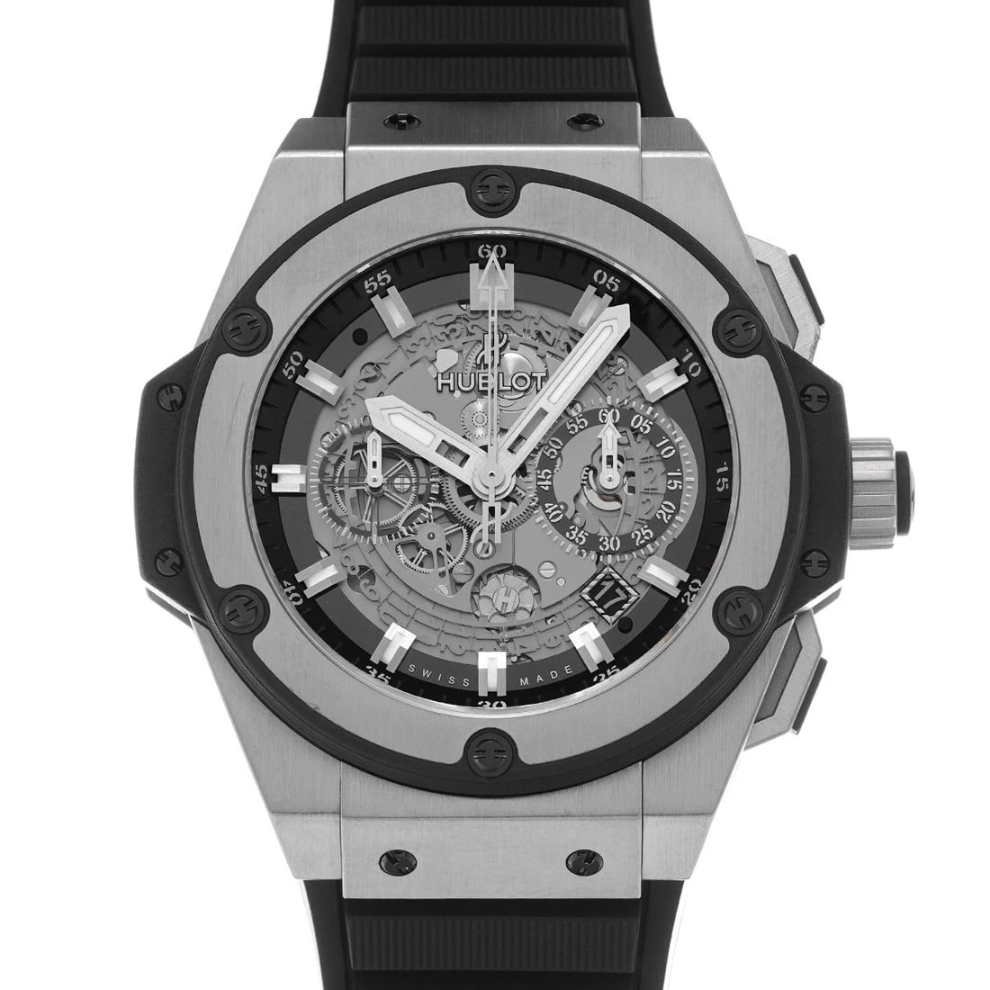 HUBLOT KING POWER TITANIUM SKELETON WATCH: HUBLOT King Power Titanium skeleton Watch Brand: HUBLOT Type: Wristwatch Material: Band Material rubber, Case Material titanium Color: Dial Color skeleton Size: ??Case? H/about 48mm W/about