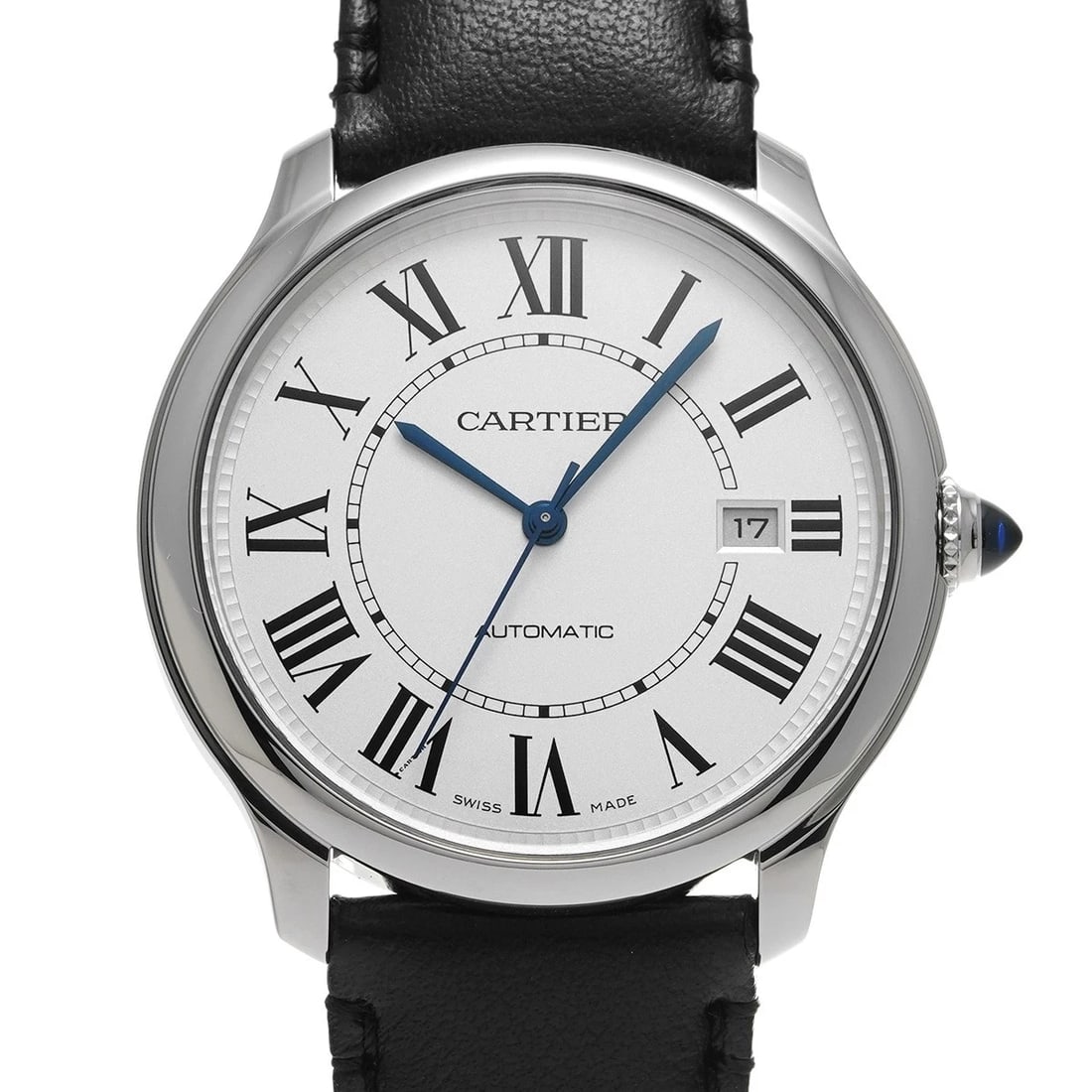 CARTIER RONDE SILVER WATCH: CARTIER Ronde Silver Watch Brand: CARTIER Type: Wristwatch Material: Band Material Faux leather, Case Material Stainless steel Color: Dial Color Dial Color Silver Band Color black Size: