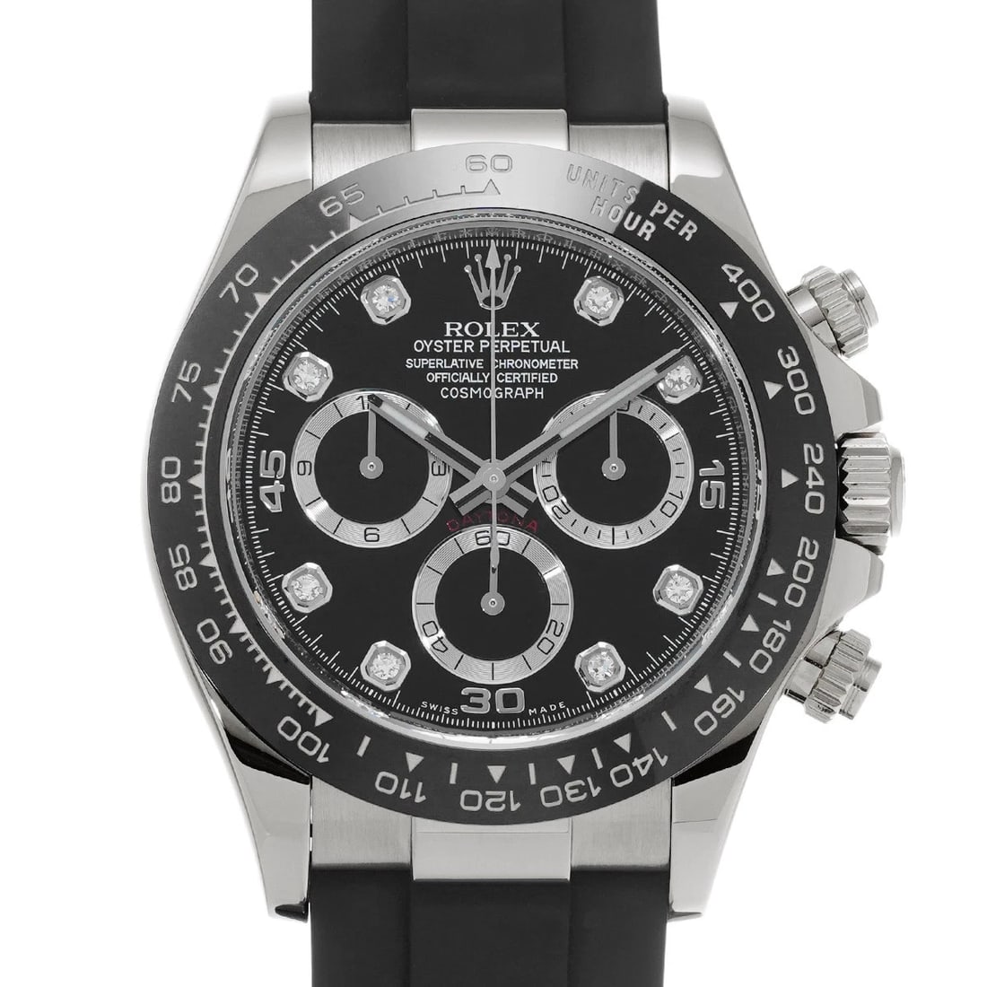 ROLEX COSMOGRAPH DAYTONA BLACK DIAMOND WATCH: ROLEX Cosmograph Daytona black diamond Watch Brand: ROLEX Type: Wristwatch Material: Band Material rubber, Case Material White gold Color: Dial Color Dial Color black Band Color black/daimond 