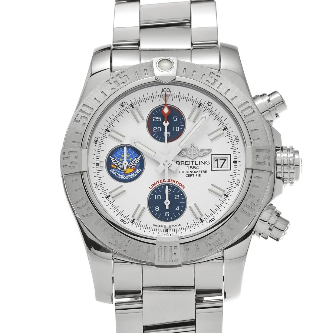 BREITLING AVENGER WHITE BLUE WATCH: BREITLING Avenger white blue Watch Brand: BREITLING Type: Wristwatch Material: Band Material Stainless steel, Case Material Stainless steel Color: Dial Color white/blue Size: ??Case? H/about