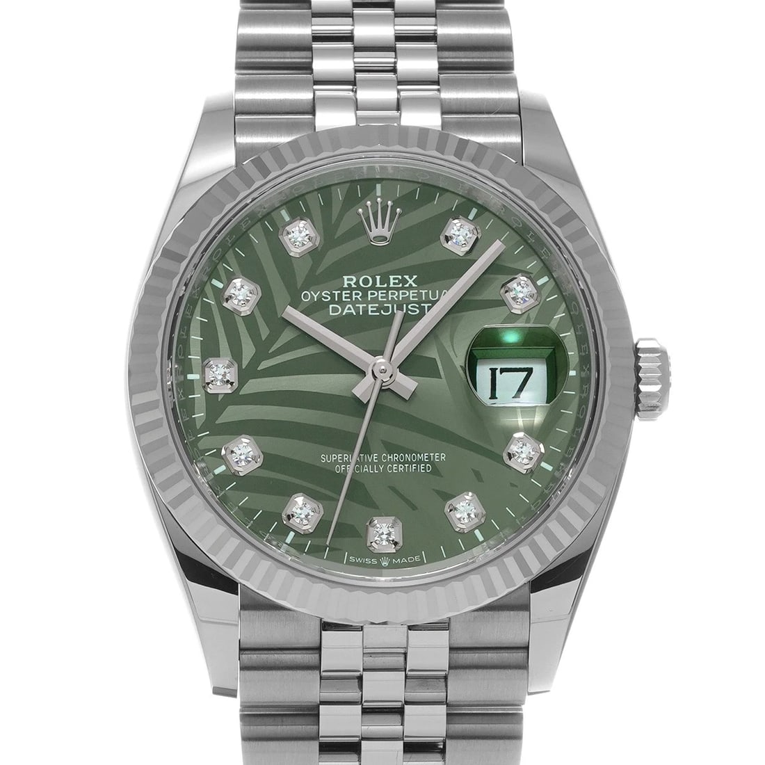 ROLEX DATEJUST OLIVE GREEN PALM MOTIF DIAMOND WATCH: ROLEX Datejust Olive Green Palm Motif diamond Watch Brand: ROLEX Type: Wristwatch Material: Band Material Stainless steel, Case Material Stainless steel Color: Dial Color Olive Green Palm