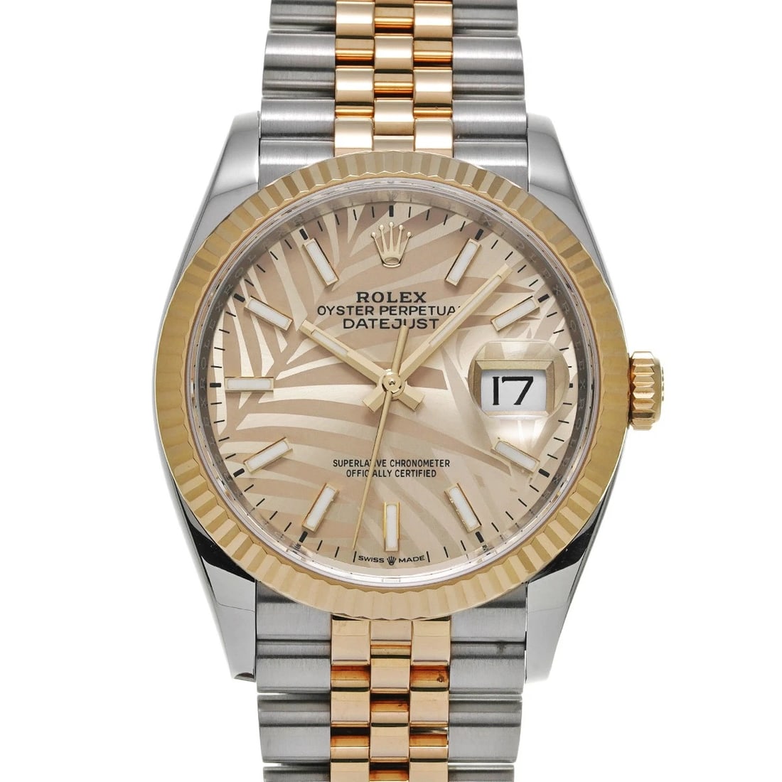ROLEX DATEJUST GOLDEN PALM MOTIF WATCH: ROLEX Datejust golden palm motif Watch Brand: ROLEX Type: Wristwatch Material: Band Material Stainless steel/Yellow Gold, Case Material Stainless steel Color: Dial Color golden palm motif 